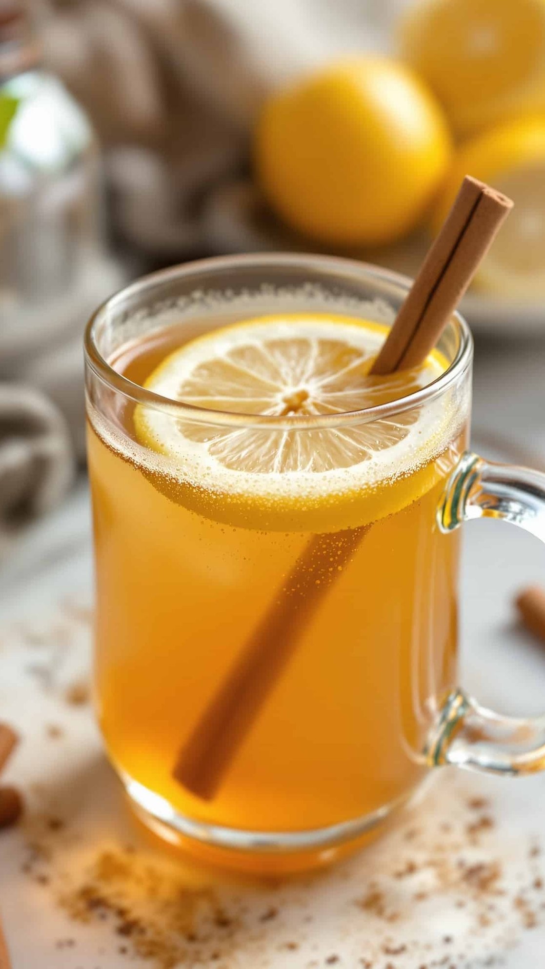 Close-up of ACV cortisol drink with lemon and cinnamon stick.