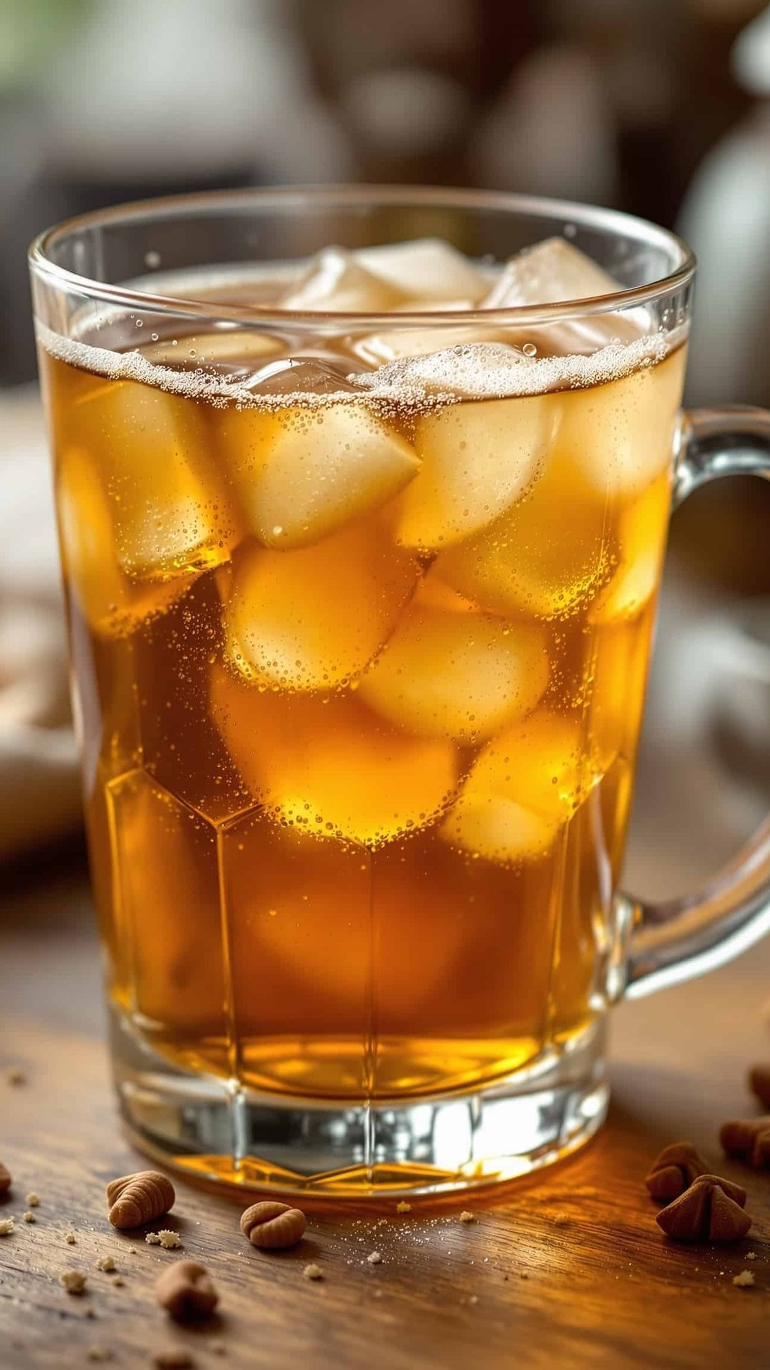 Close-up of ambre-doré ACV drink in glass.