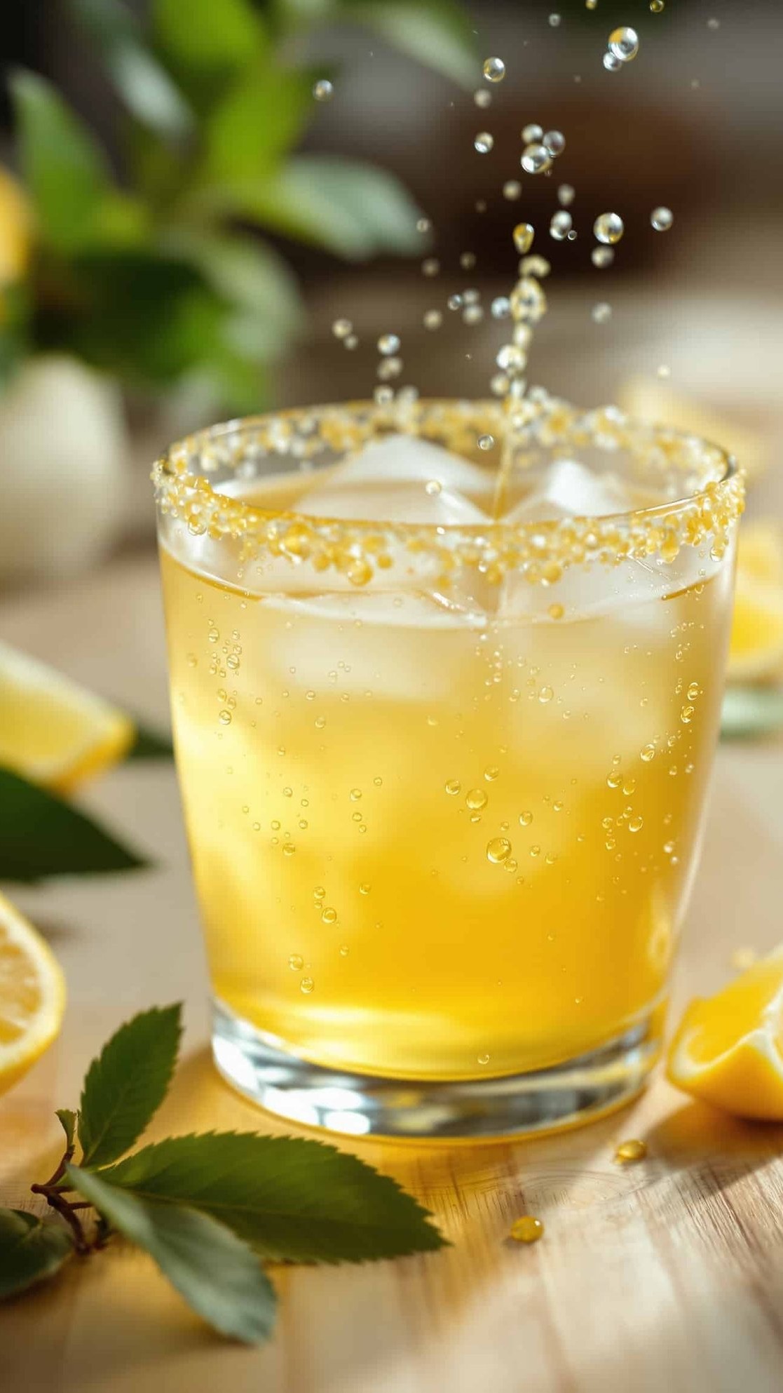 Close-up of jaune-ambre ACV lemon honey drink in a glass.