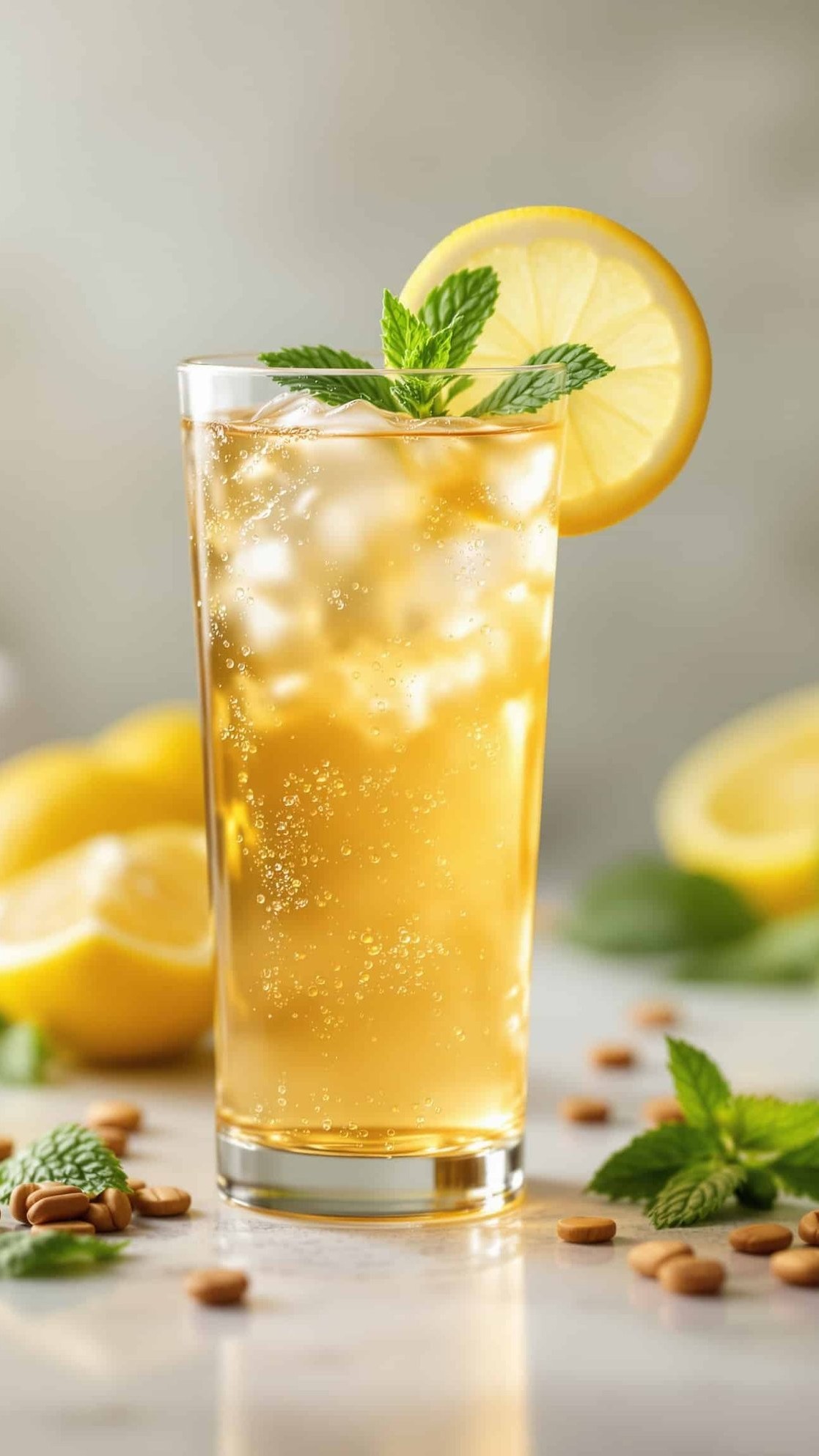 Close-up of translucent ACV prebiotic drink with subtle sediment.