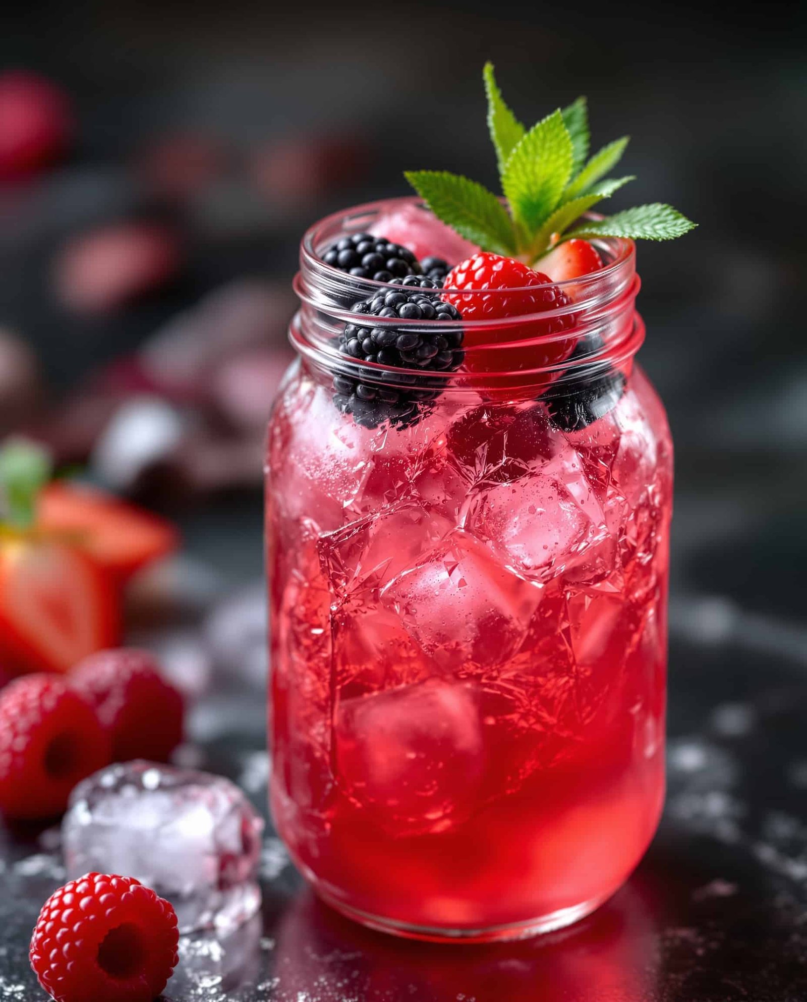Close-up of a rouge-rose ACV shrub mocktail with berry garnish.