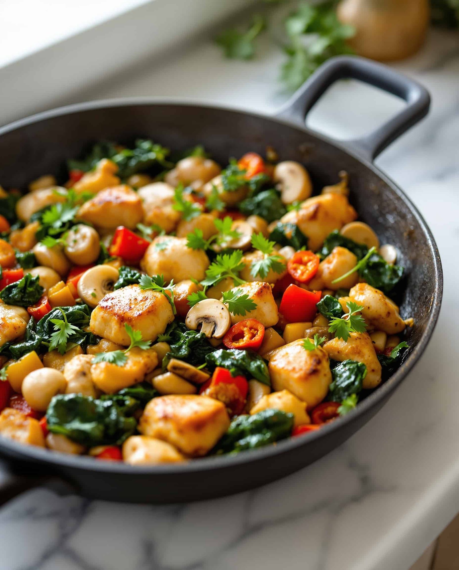 Close-up of brun doré anti-UPF skillet chicken and veggies