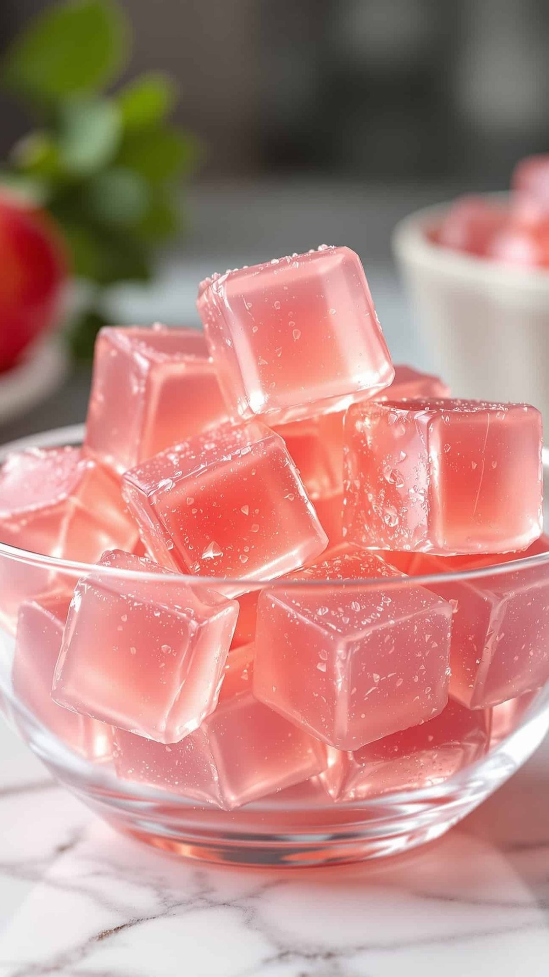 Close-up of rose transparent jiggly apple cider vinegar gelatin cubes.