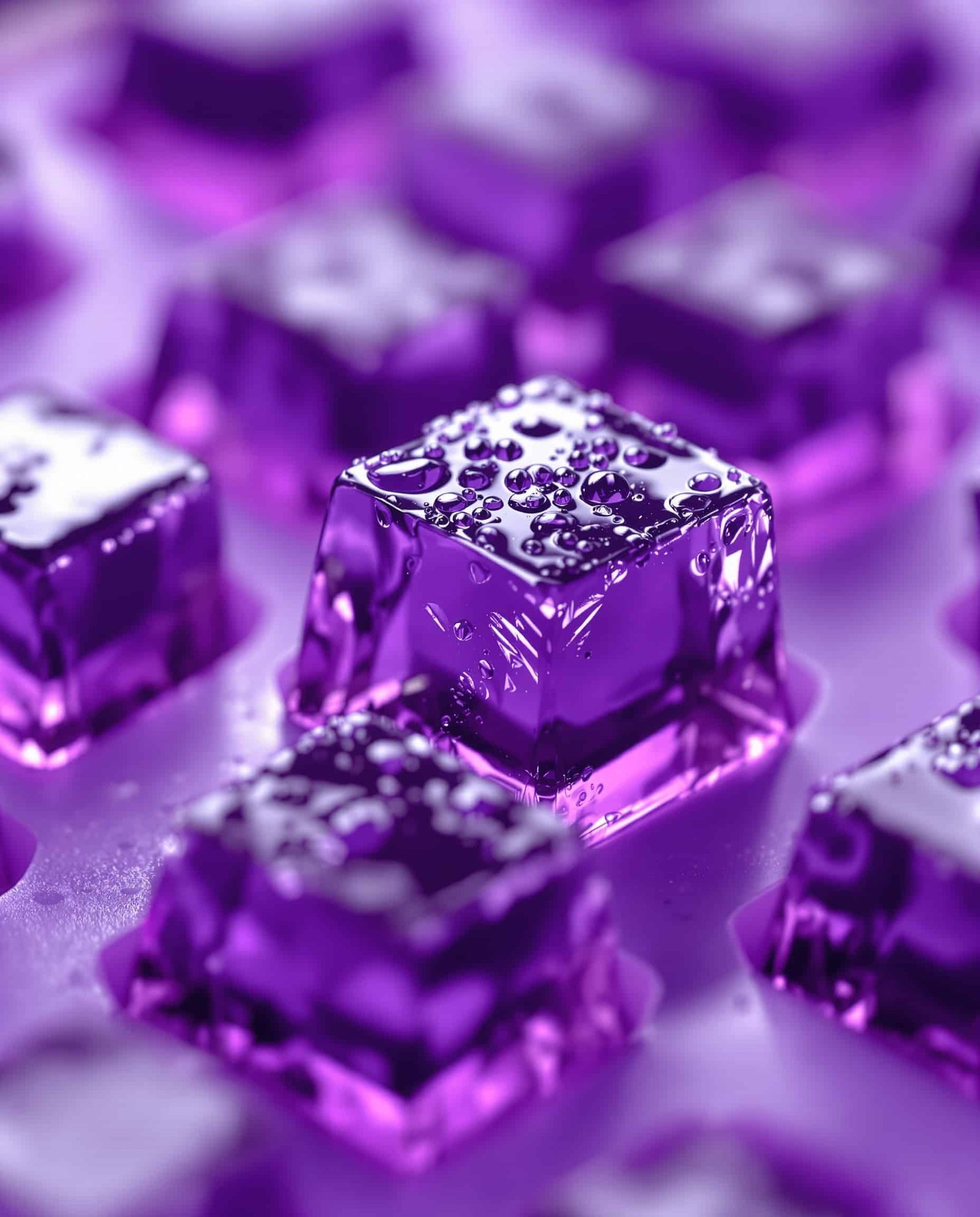 Close-up of jiggly deep violet transparent bariatric gelatin cubes.