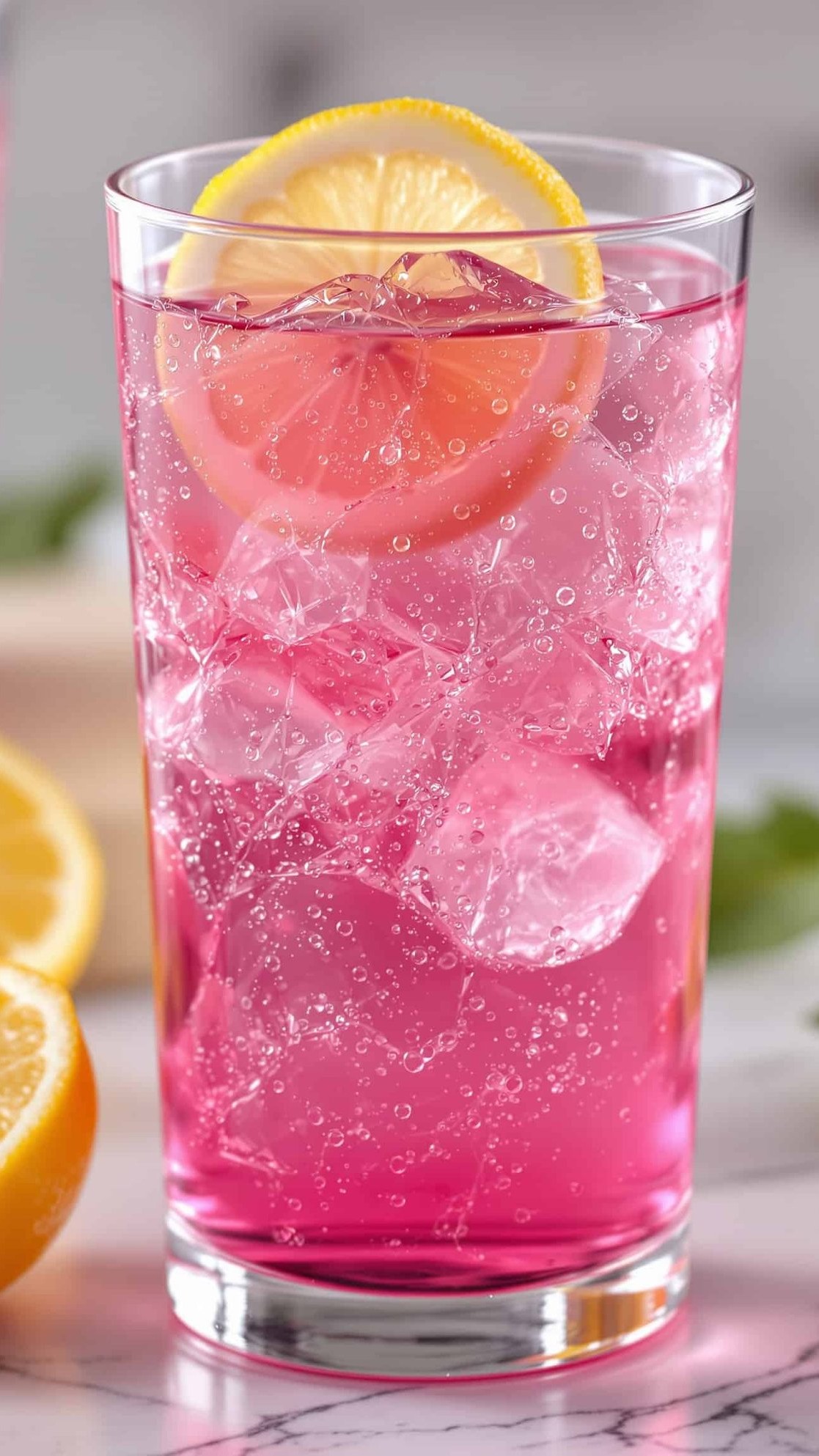 Close-up of violet-rose bariatric gelatin drink with lemon.