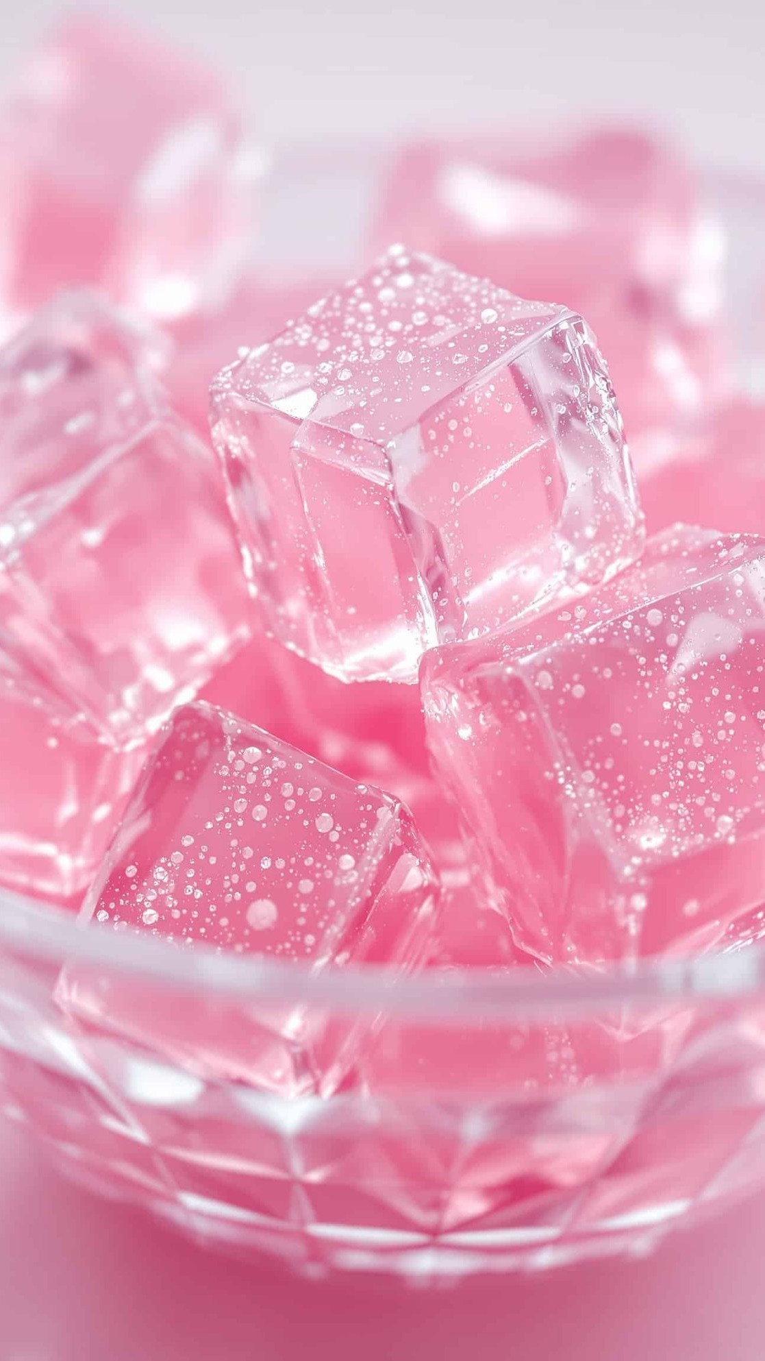 Close-up of rose transparent jiggly sugar-free gelatin cubes.
