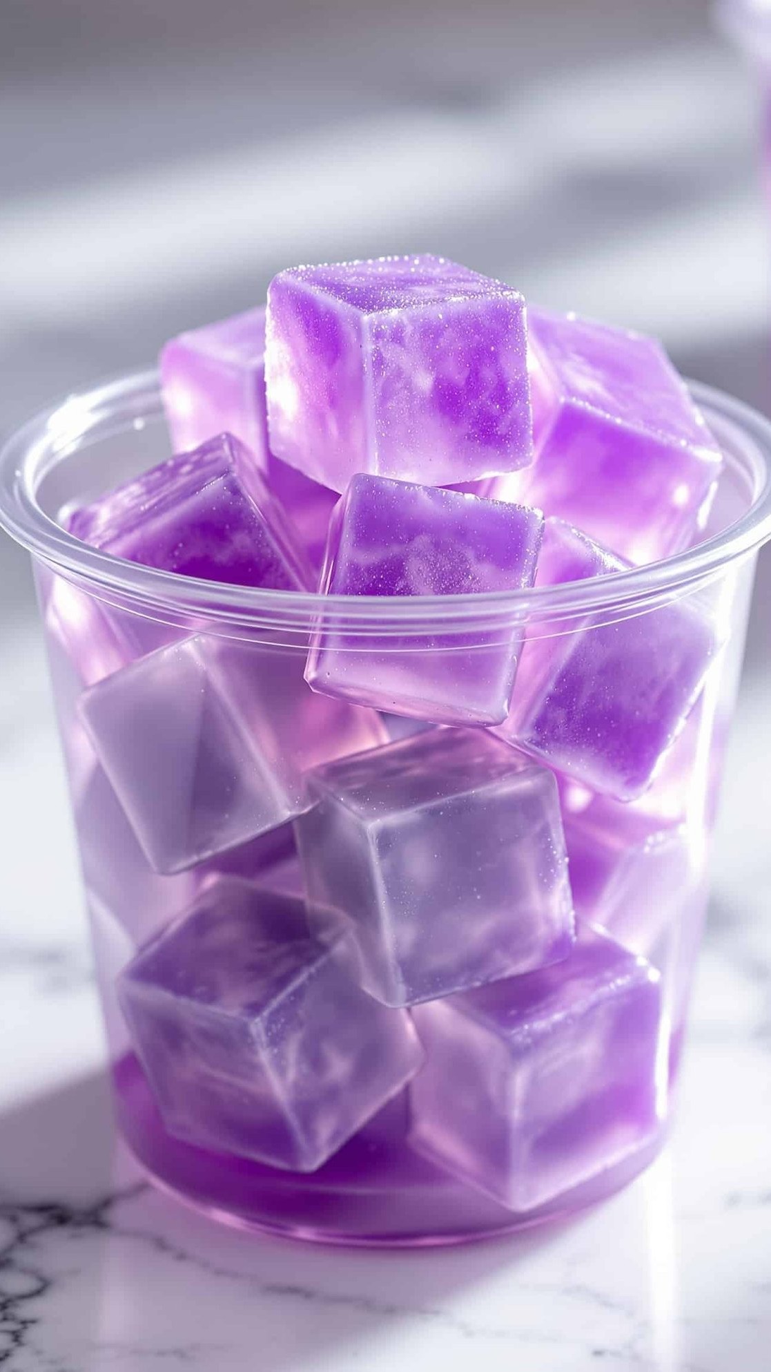 Close-up of deep purple bariatric surgery gelatin cubes in a clear portion cup.
