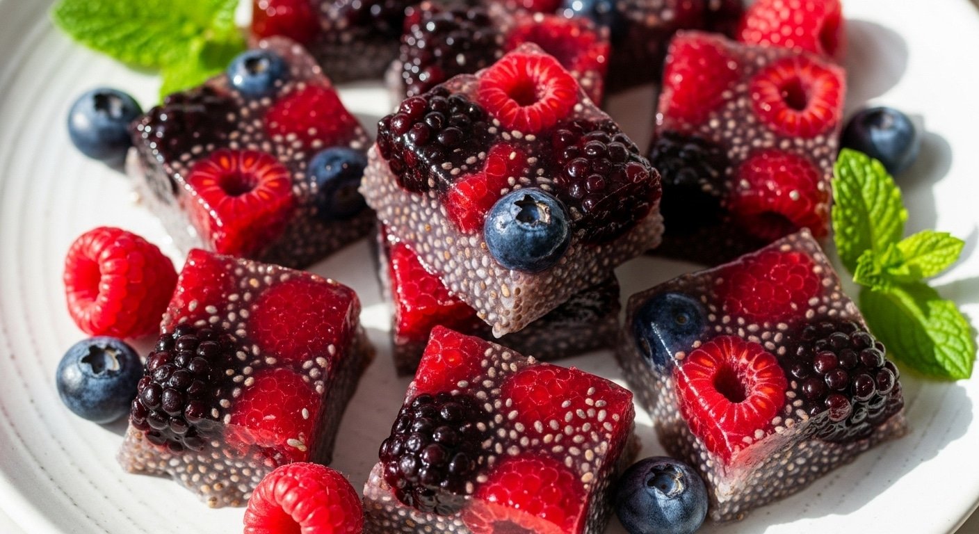 Berry Chia Gelatin Squares Cooking Close-Up berry chia gelatin squares cooking ingredients close-up