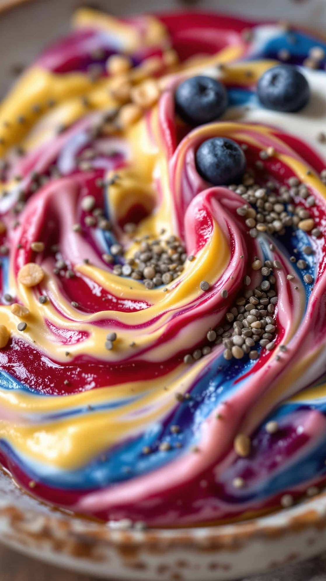 Close-up of multicolored berry swirl blood sugar dessert.