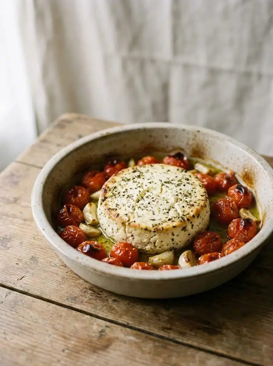 A block of garlic and herb cheese roasted in a baking dish surrounded by blistered cherry tomatoes and garlic cloves