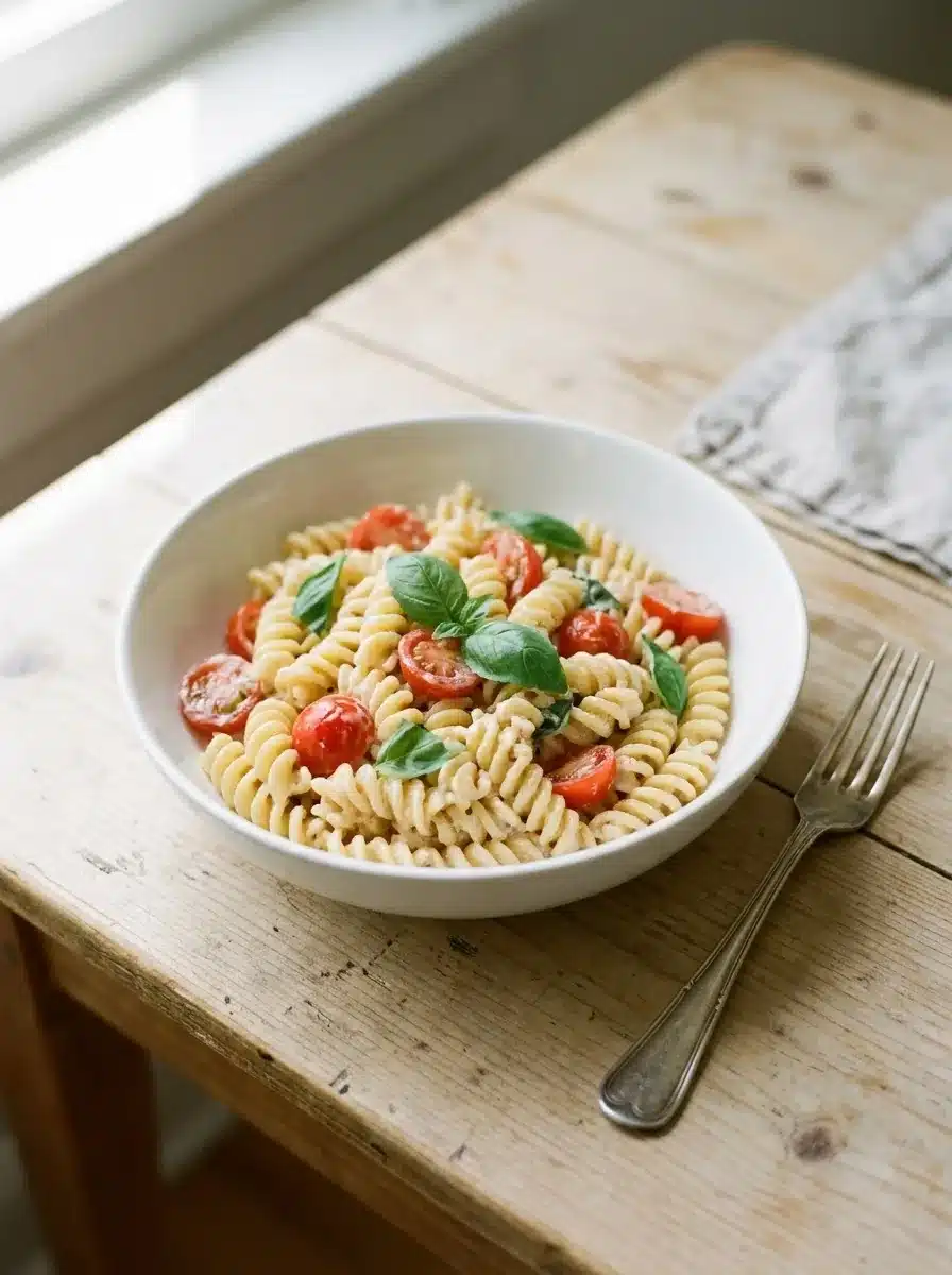 Rigatoni coated in a pink garlic and herb cheese sauce with burst cherry tomatoes and fresh basil