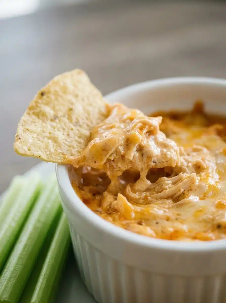 A tortilla chip lifting a scoop of buffalo chicken dip with celery sticks beside the pan