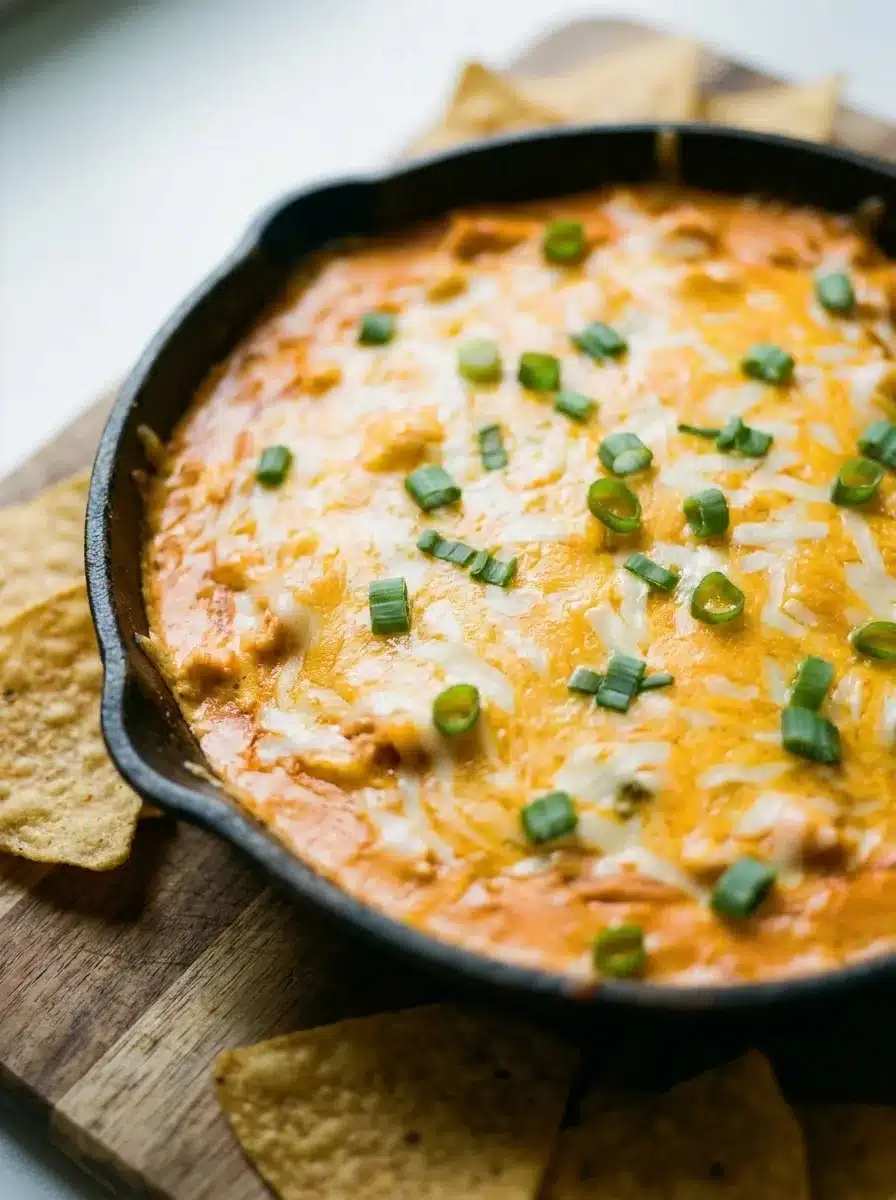 Buffalo chicken dip bubbling in a cast iron pan with golden melted cheese on top