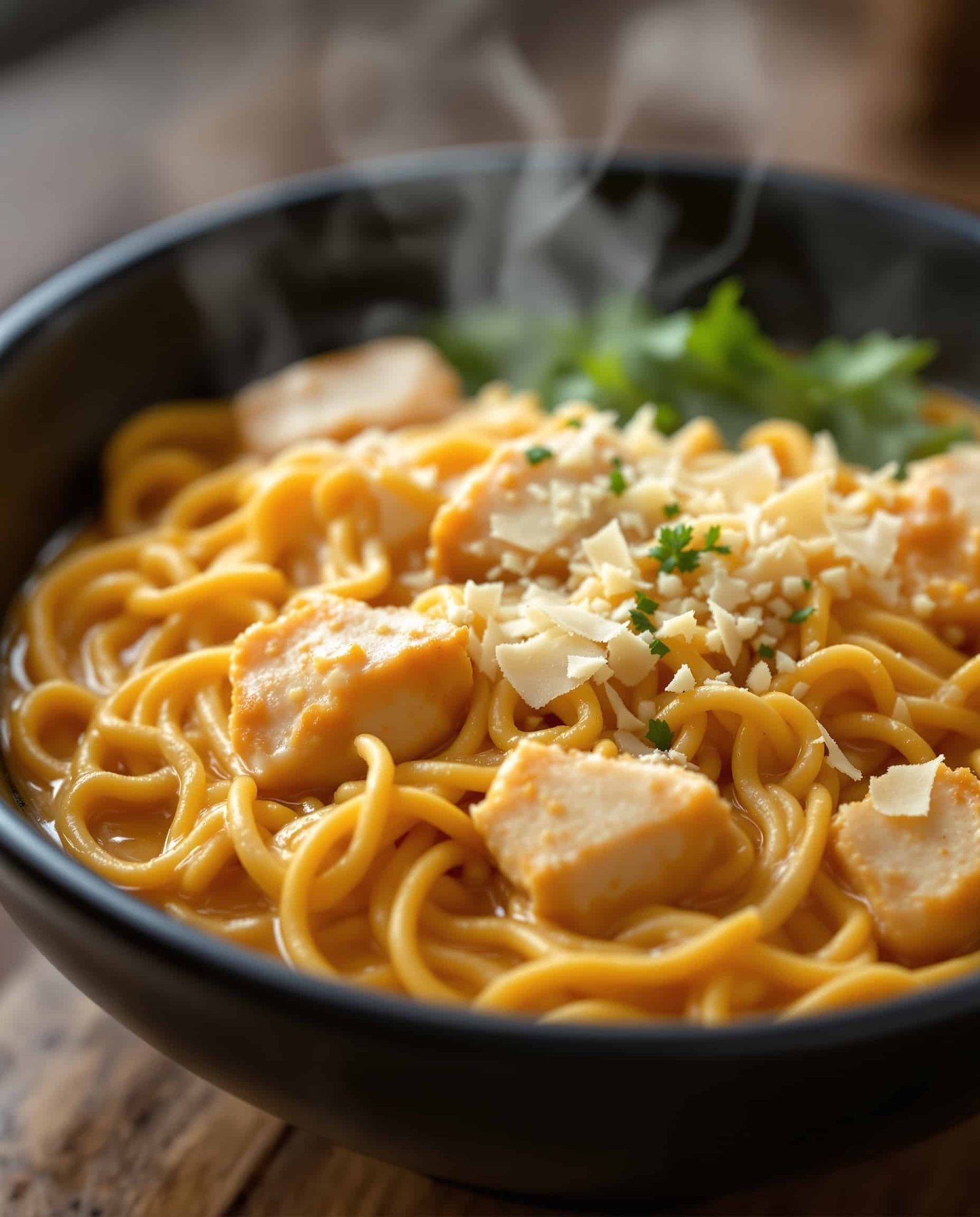 Close-up of creamy orange-crème Carbonara Buldak Ramen with Parmesan.