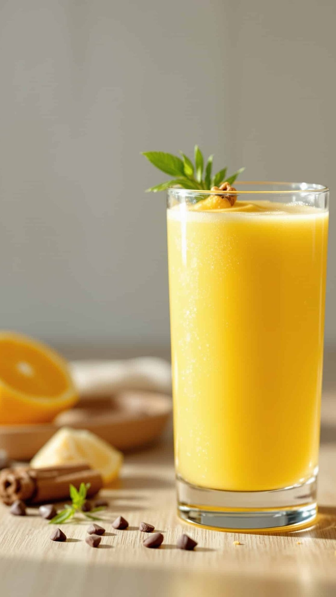 Close-up of verre yellow cortisol belly fat drink recipe texture.