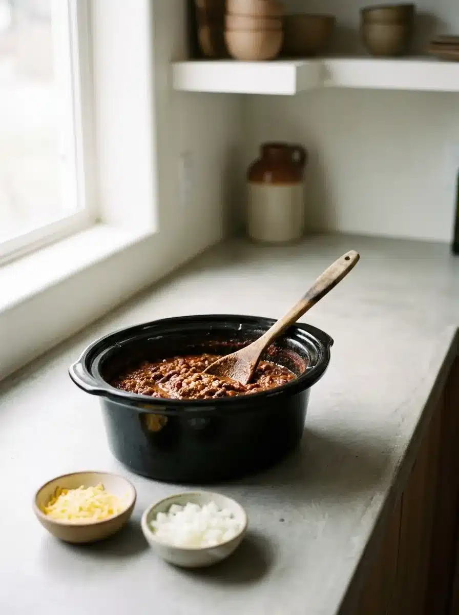 Beef and kidney bean chili cooking in a slow cooker pot with a wooden spoon resting in it