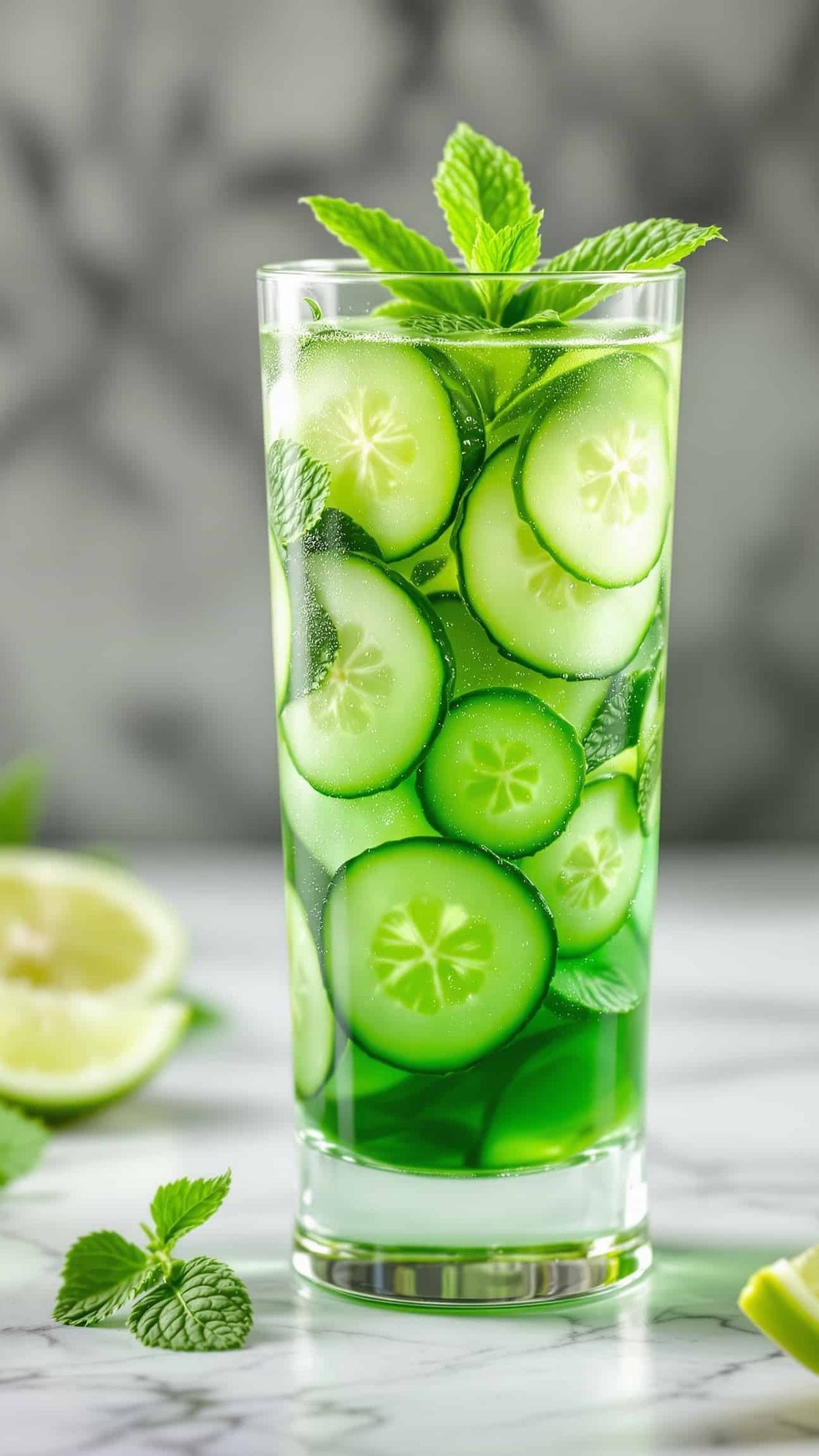 Close-up of refreshing cucumber detox drink with mint and lemon.