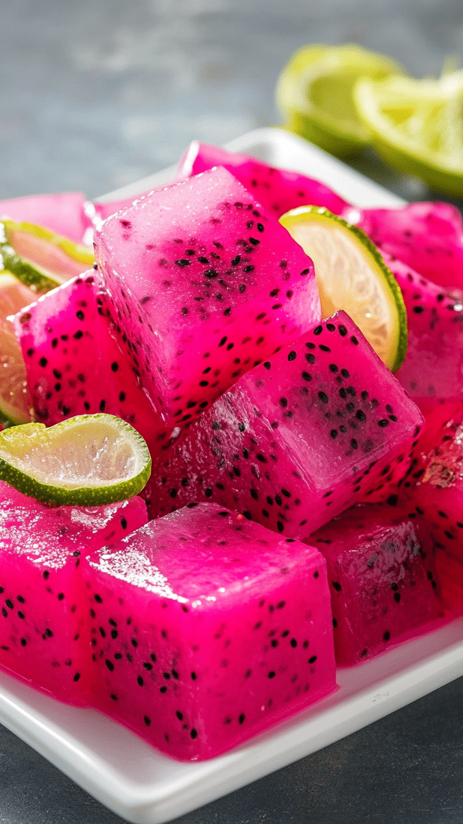 Close up of dragon fruit jello cube