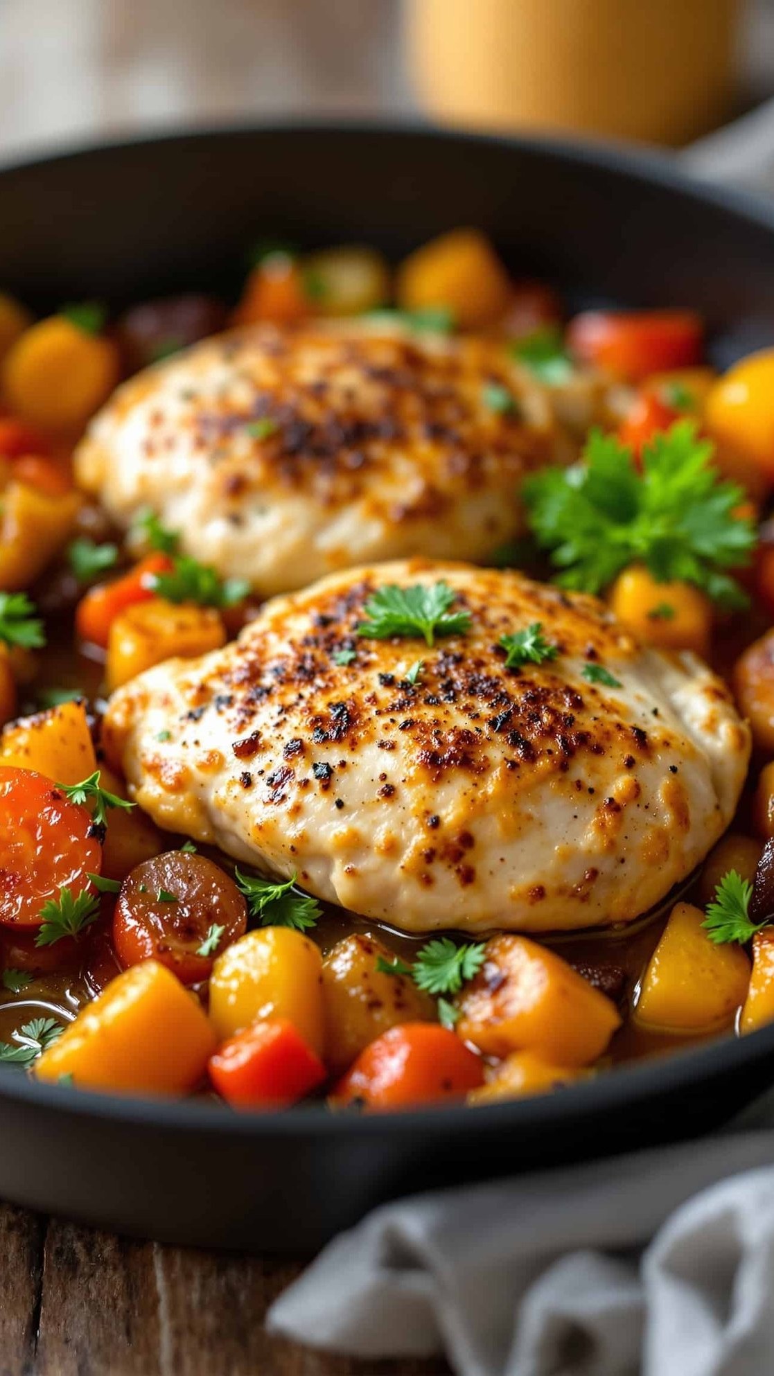 Close-up of brun-doré anti-UPF dinner chicken and veggie bake with fresh parsley.