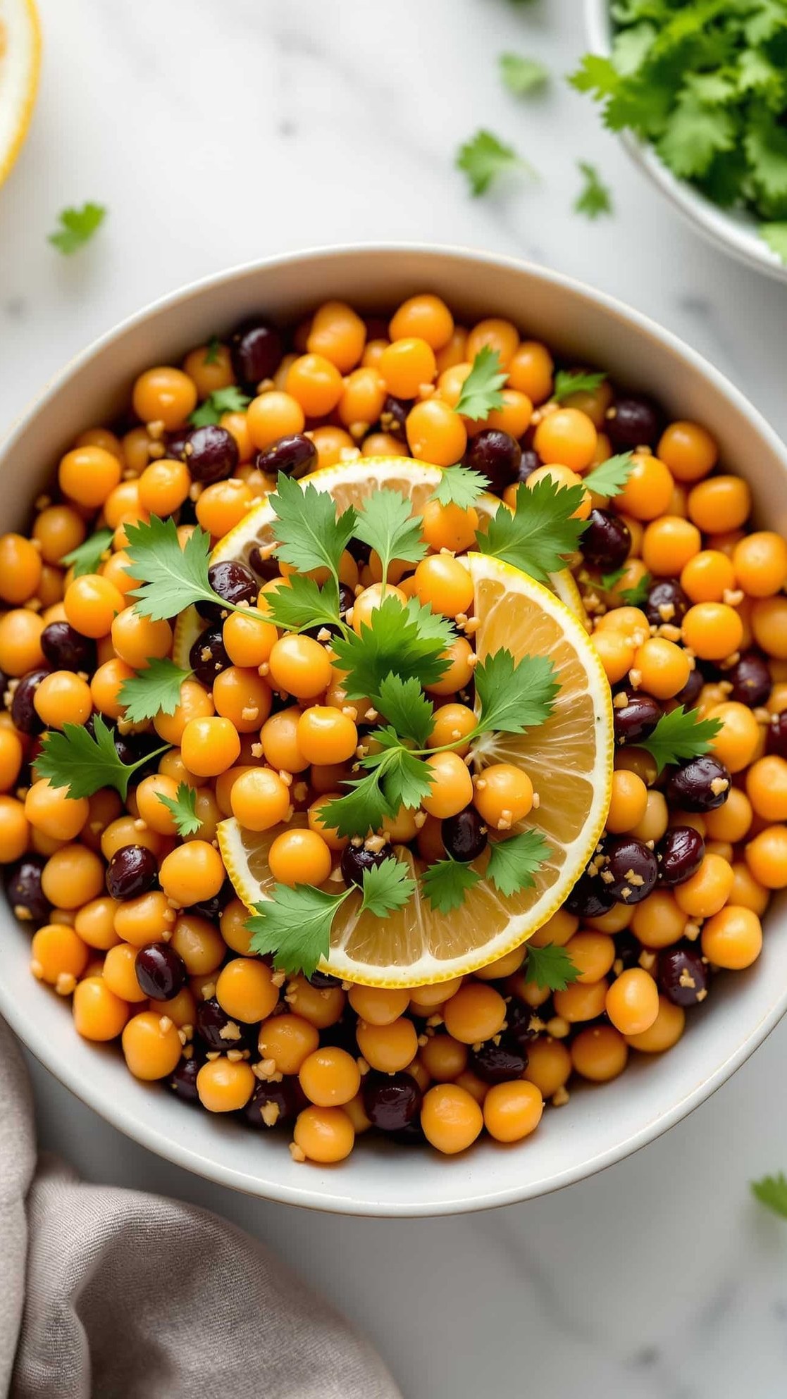 Close-up of vert-orange fibermaxxing chickpea black bean salad with lemon dressing.