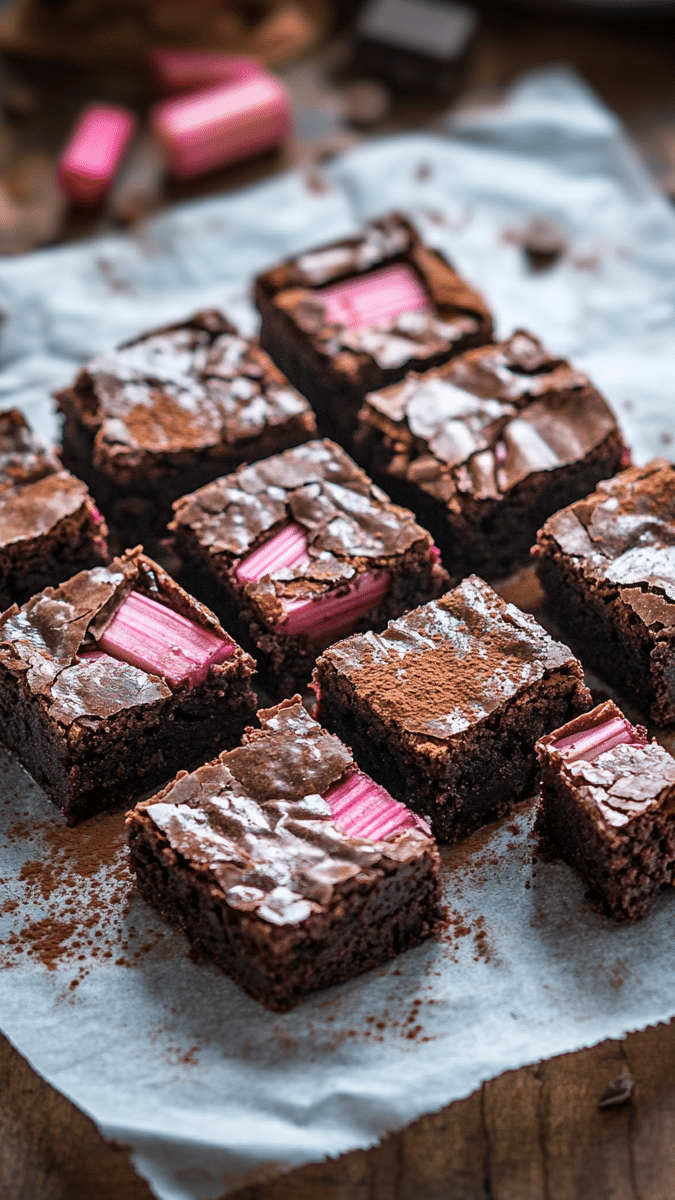 Close-up of a fudgy rhubarb brownie