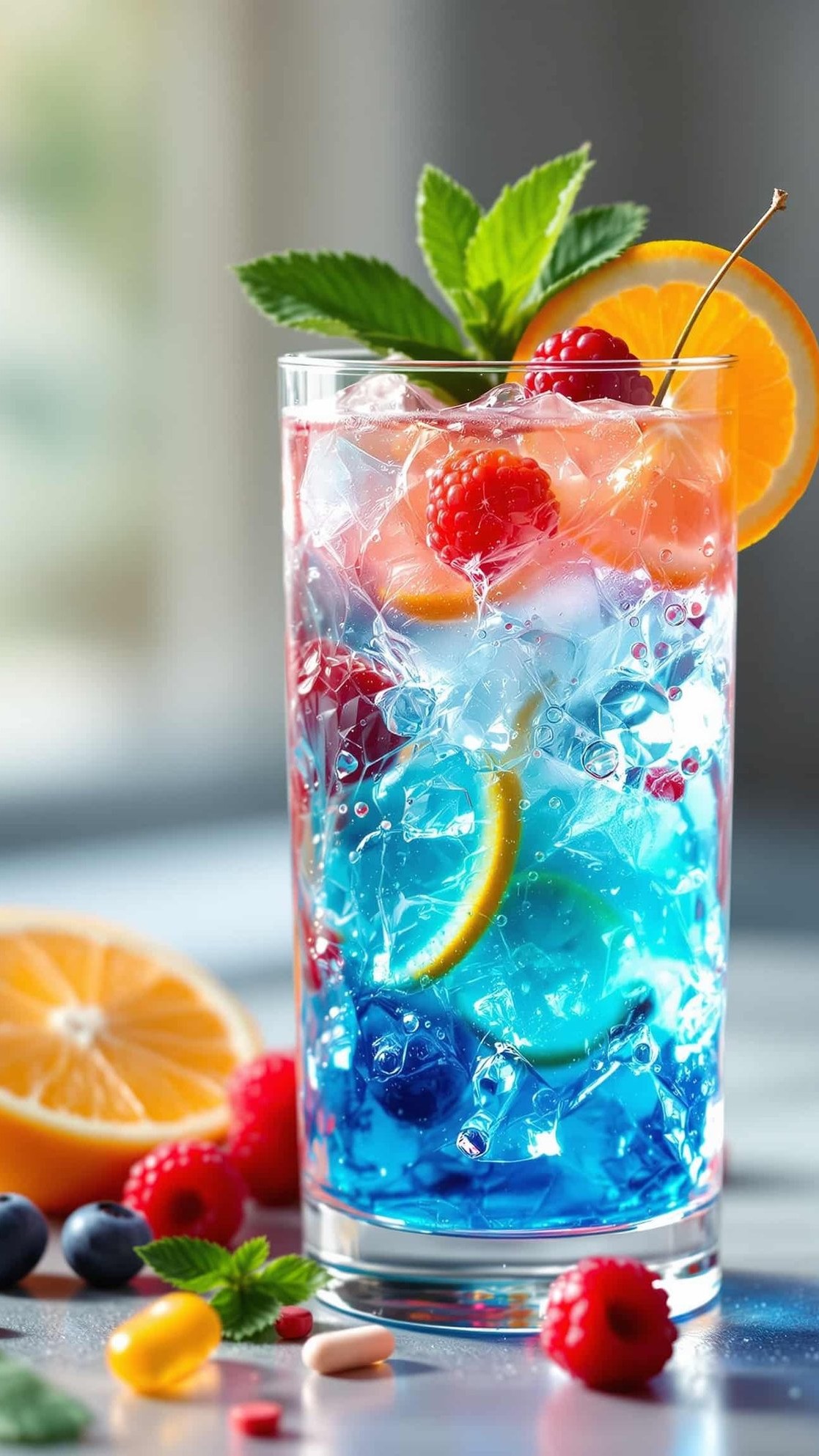 Close-up of jiggling Gelatide drops in a tall glass.
