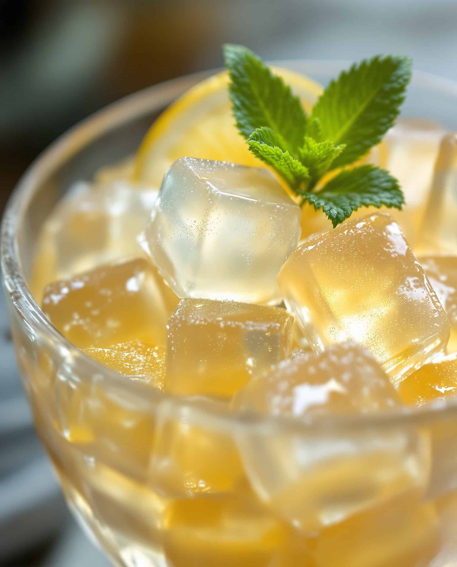 Close-up of translucent, refreshing gelatin ice hack cubes in a glass bowl.