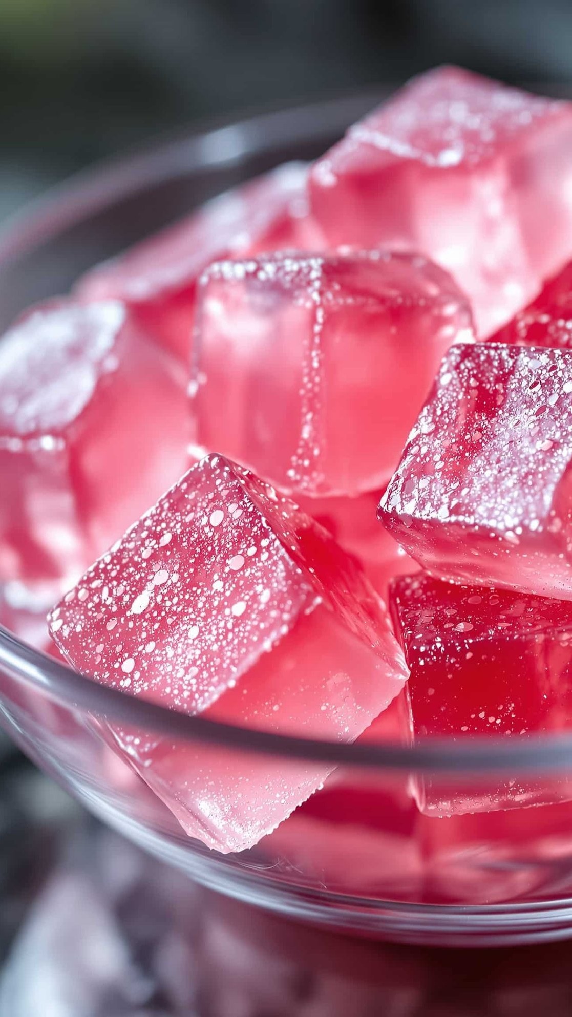 Close-up of rose-transparent gelatin trick with inositol cubes.