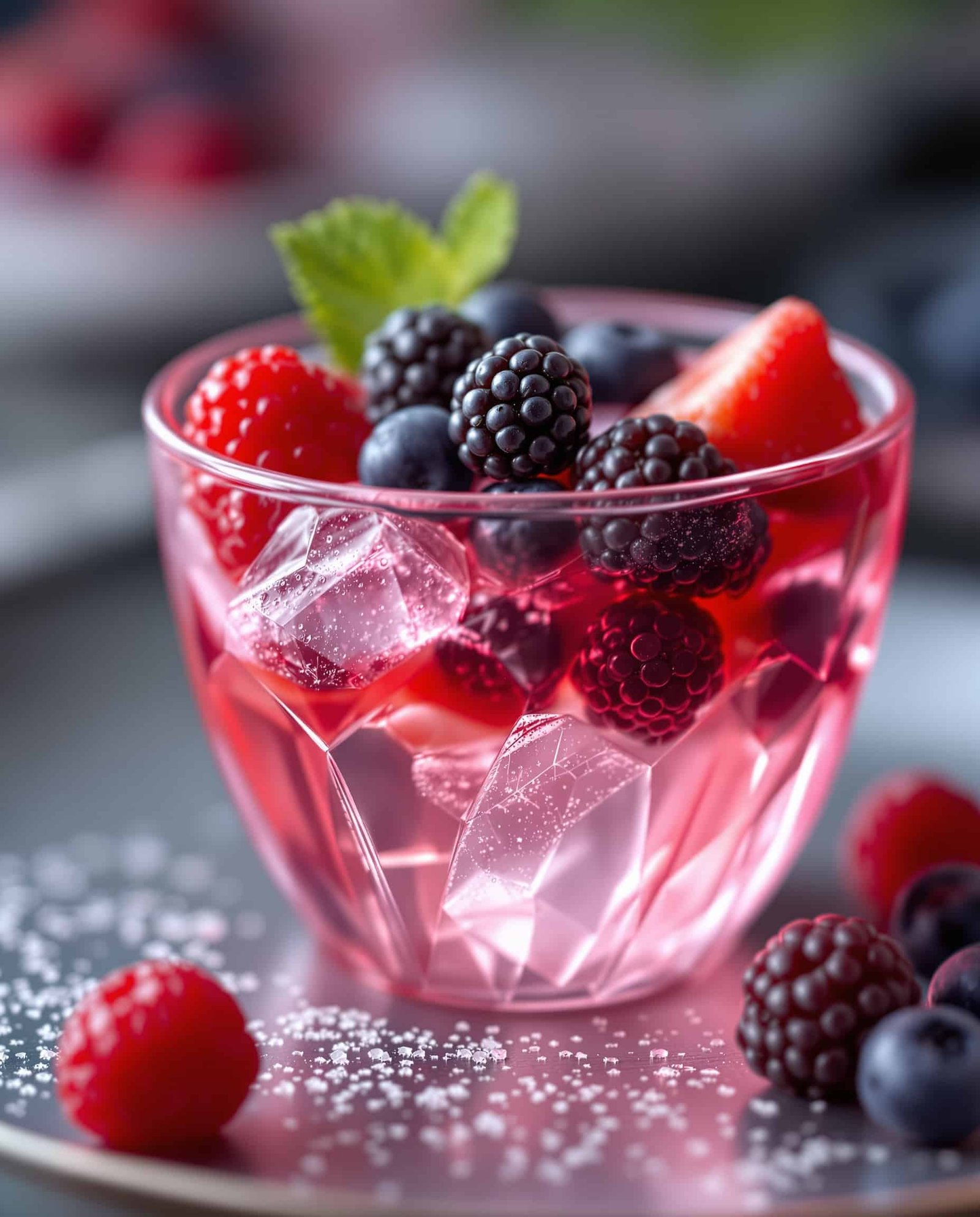 Close-up of jiggly rose-transparent gelatin low calorie dessert with visible fruit layers.