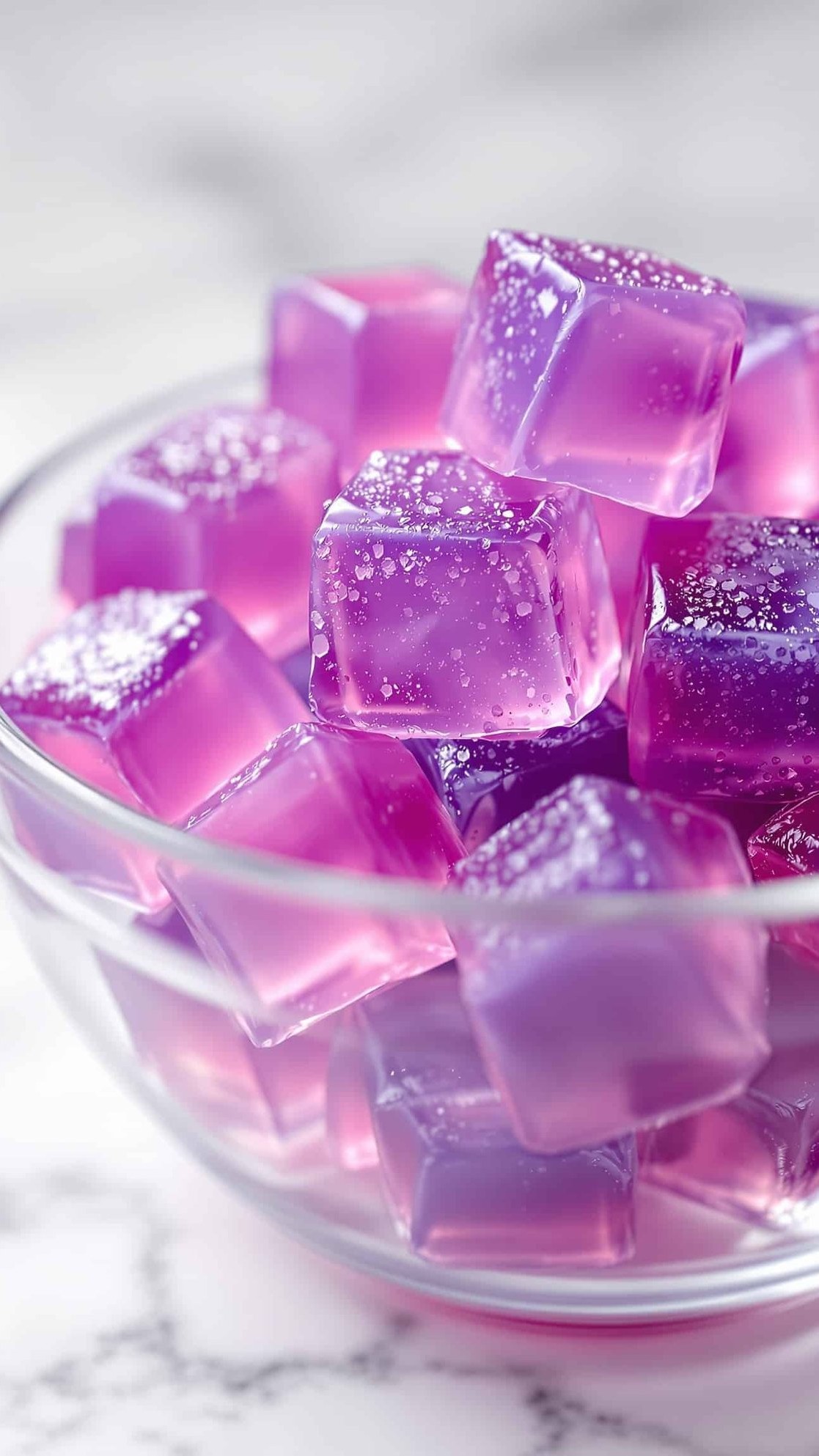 Close-up of jiggly violet-rose gelatin cubes, gelatin menopause recipe.