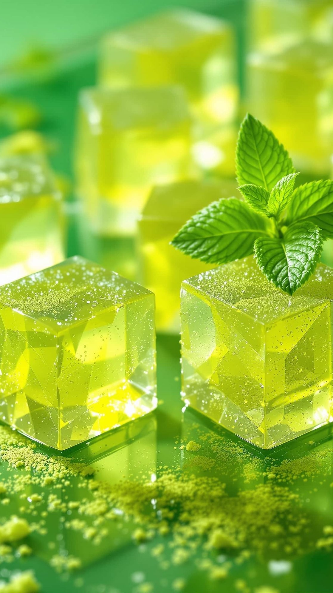 Close-up of vert-transparent moringa powder gelatin cubes.
