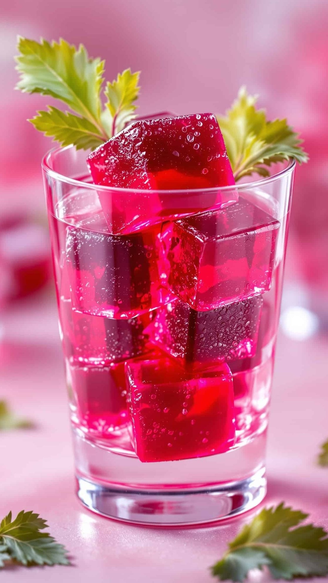 Close-up of rouge-transparent beet juice gelatin cubes with beet leaf.