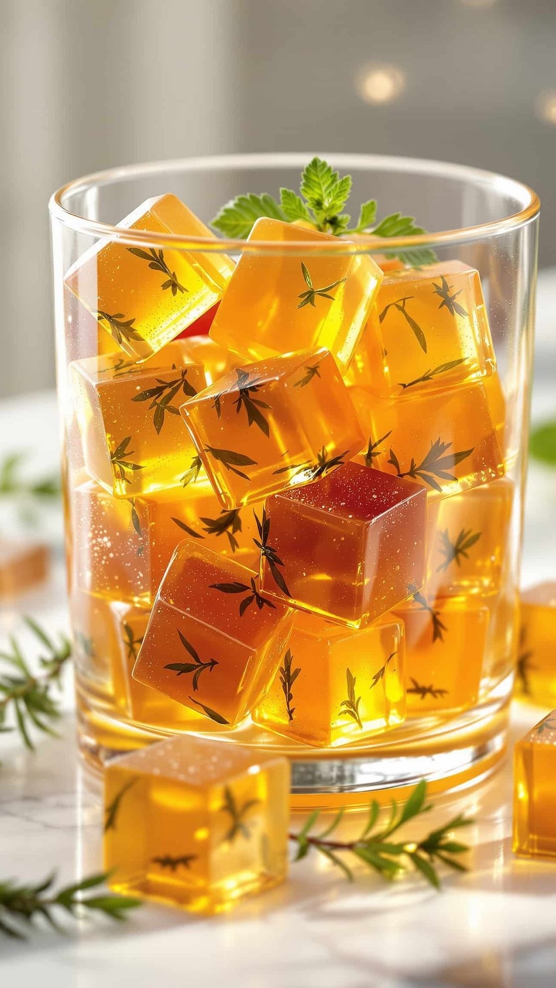 Close-up of ambre-doré gelatin cubes with berberine.