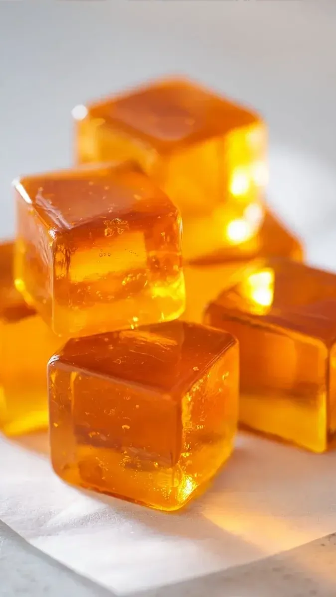 Extreme close-up of the smooth, translucent surface of chamomile gelatin.
