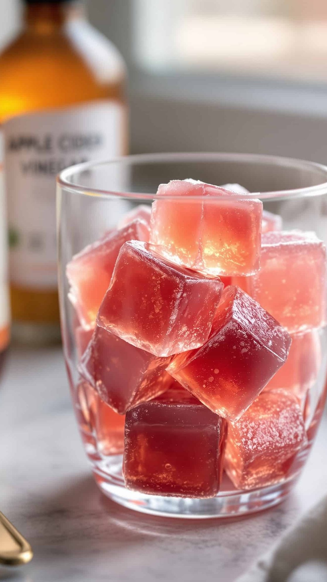 Close-up of ambre-rose gelatin cubes, collagen, and ACV for weight loss.