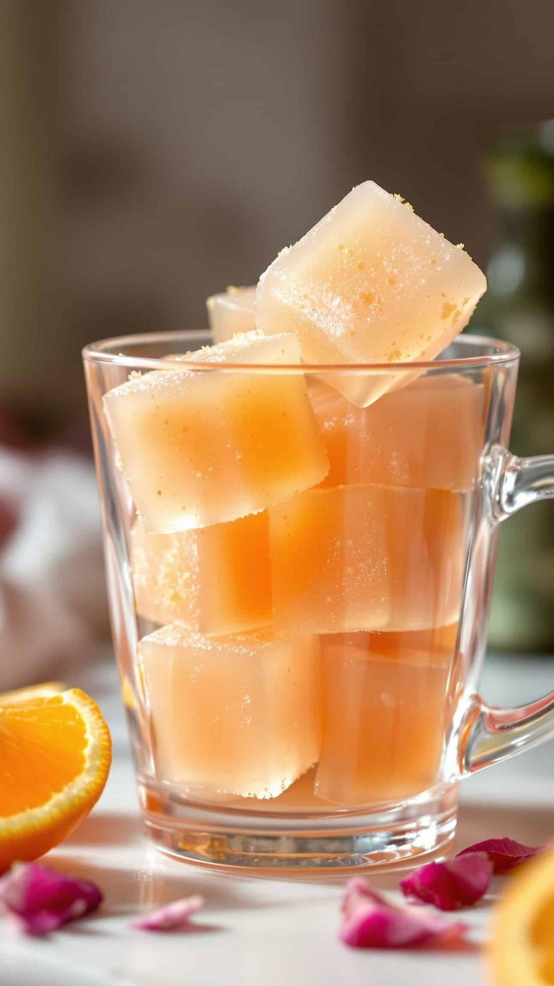 Close-up of jiggly orange-rose cayenne ginger gelatin cubes.