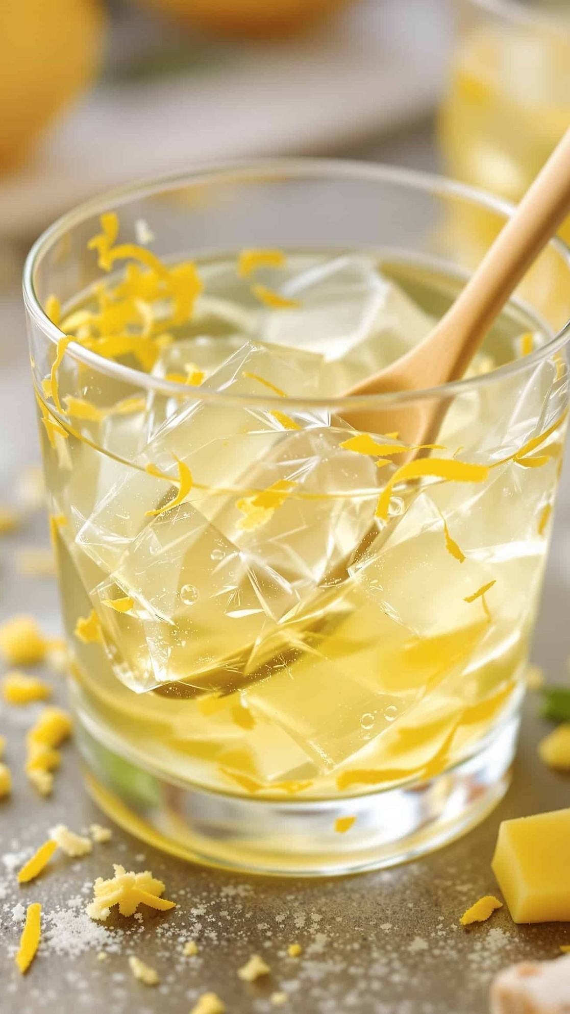 Close-up of jaune-vert gelatin trick with ginger lemon texture.