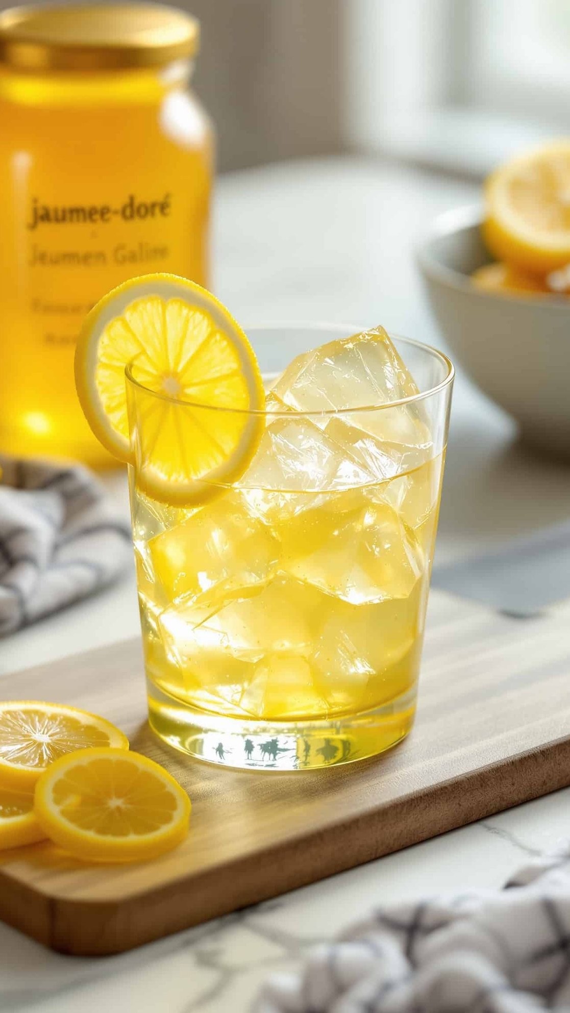 Close-up of jiggly jaune-doré gelatin trick with lemon and honey.