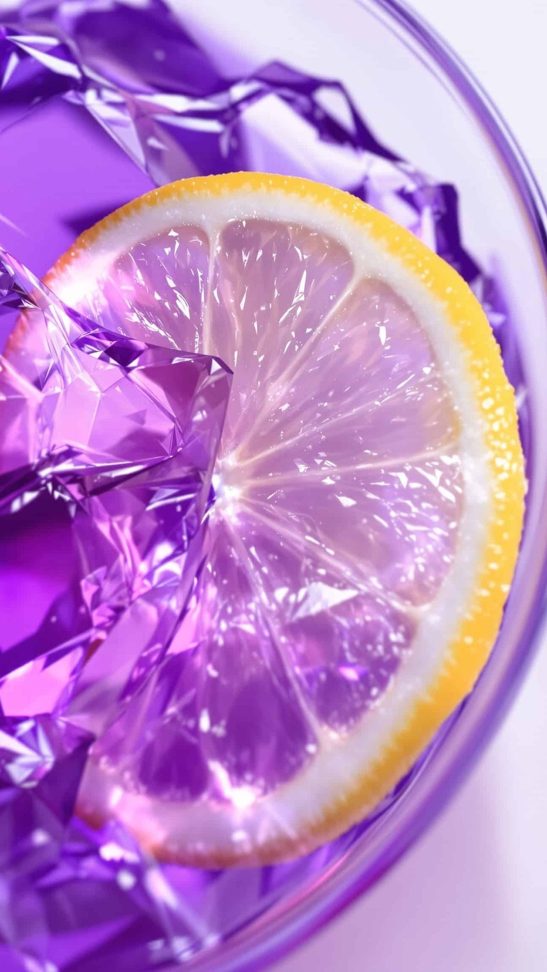 Close-up of violet-transparent gelatin trick overnight recipe with lemon.