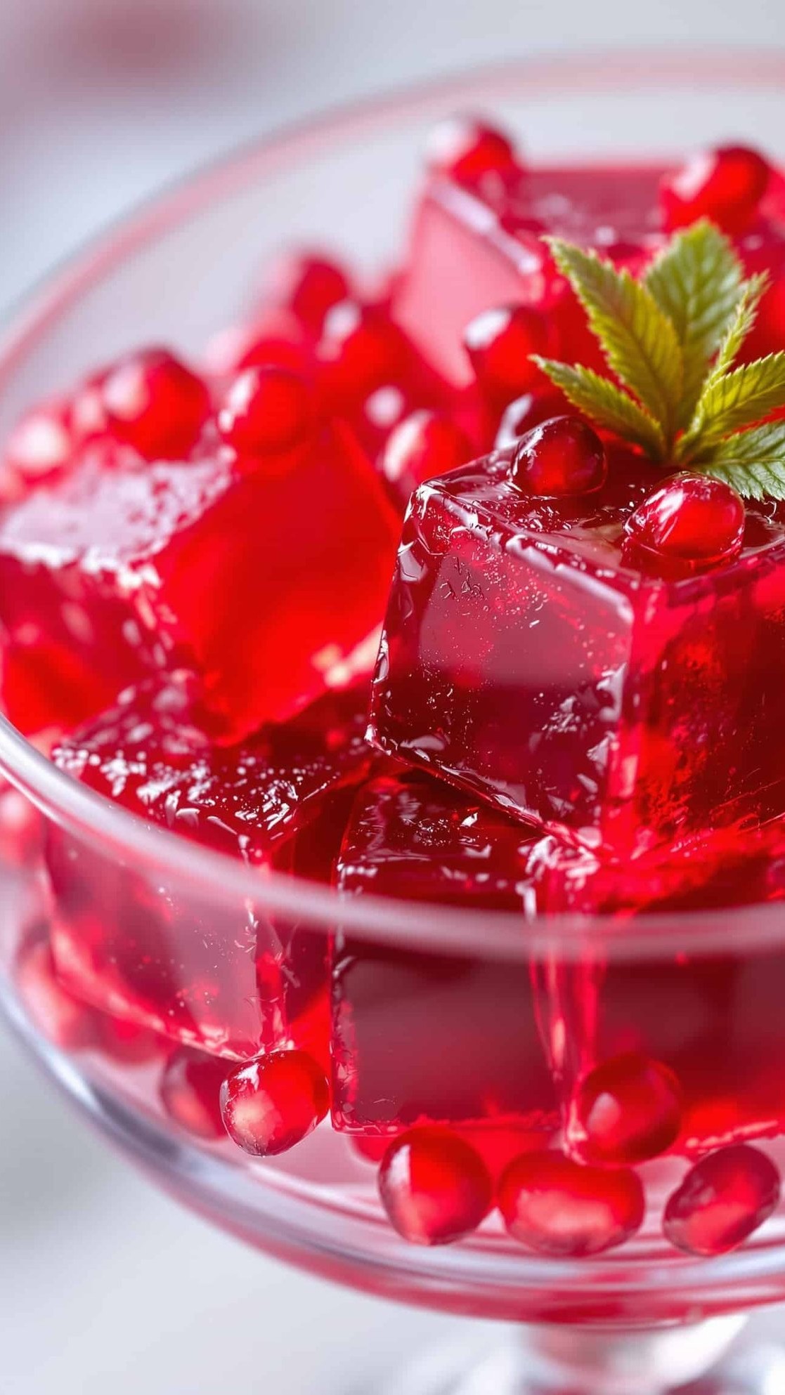 Close-up of jiggly deep red pomegranate gelatin cubes, with arils.
