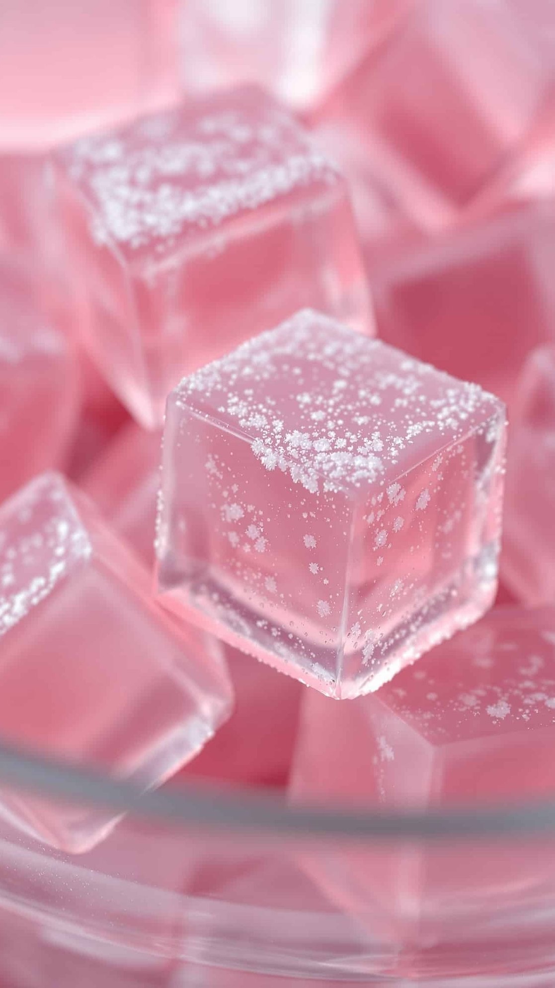 Close-up of rose-vert gelatin trick with psyllium husk cubes.