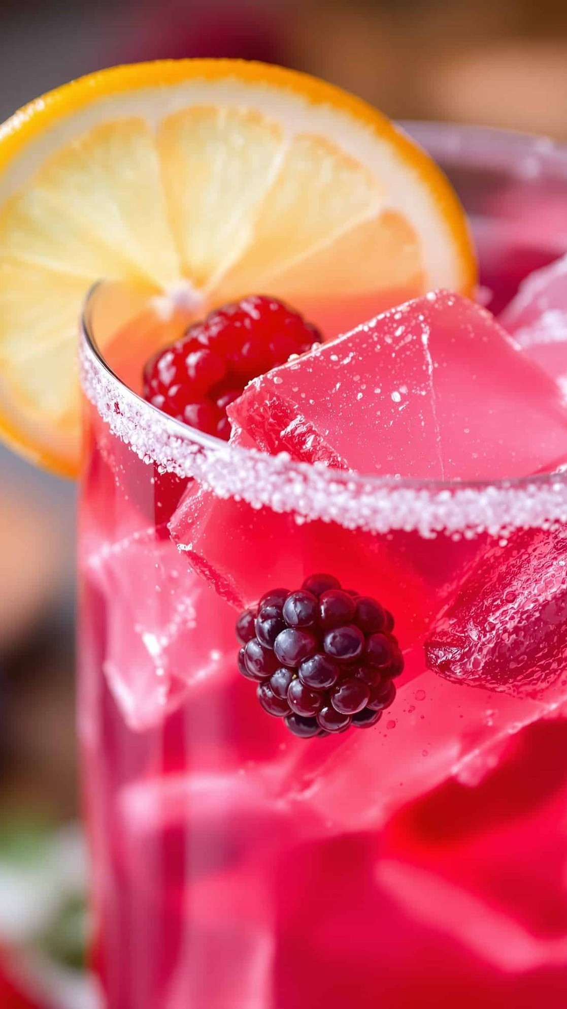 Close-up of jiggly reddish-orange gelatin drink with berry garnish for weight loss.