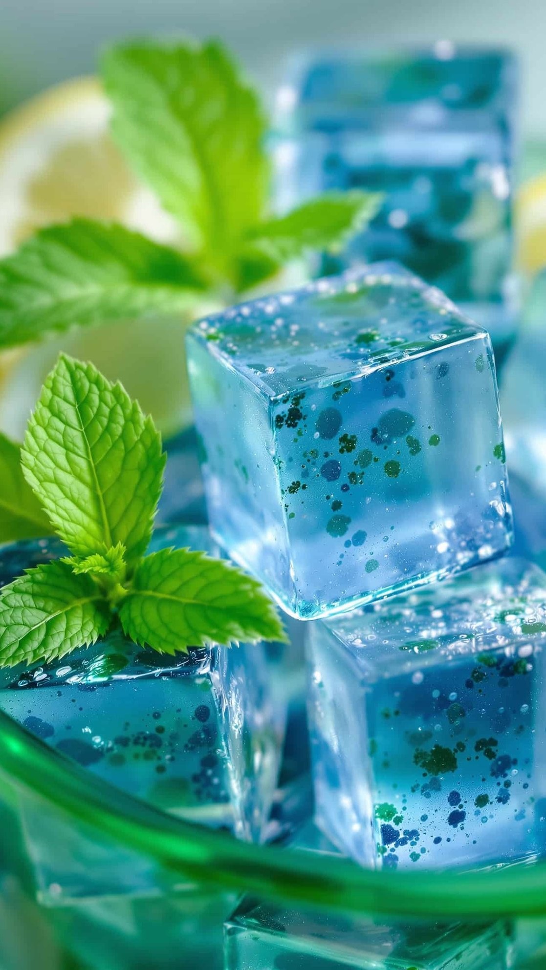 Close-up of jiggly vert-transparent spirulina powder gelatin cubes, a key part of the gelatin trick.