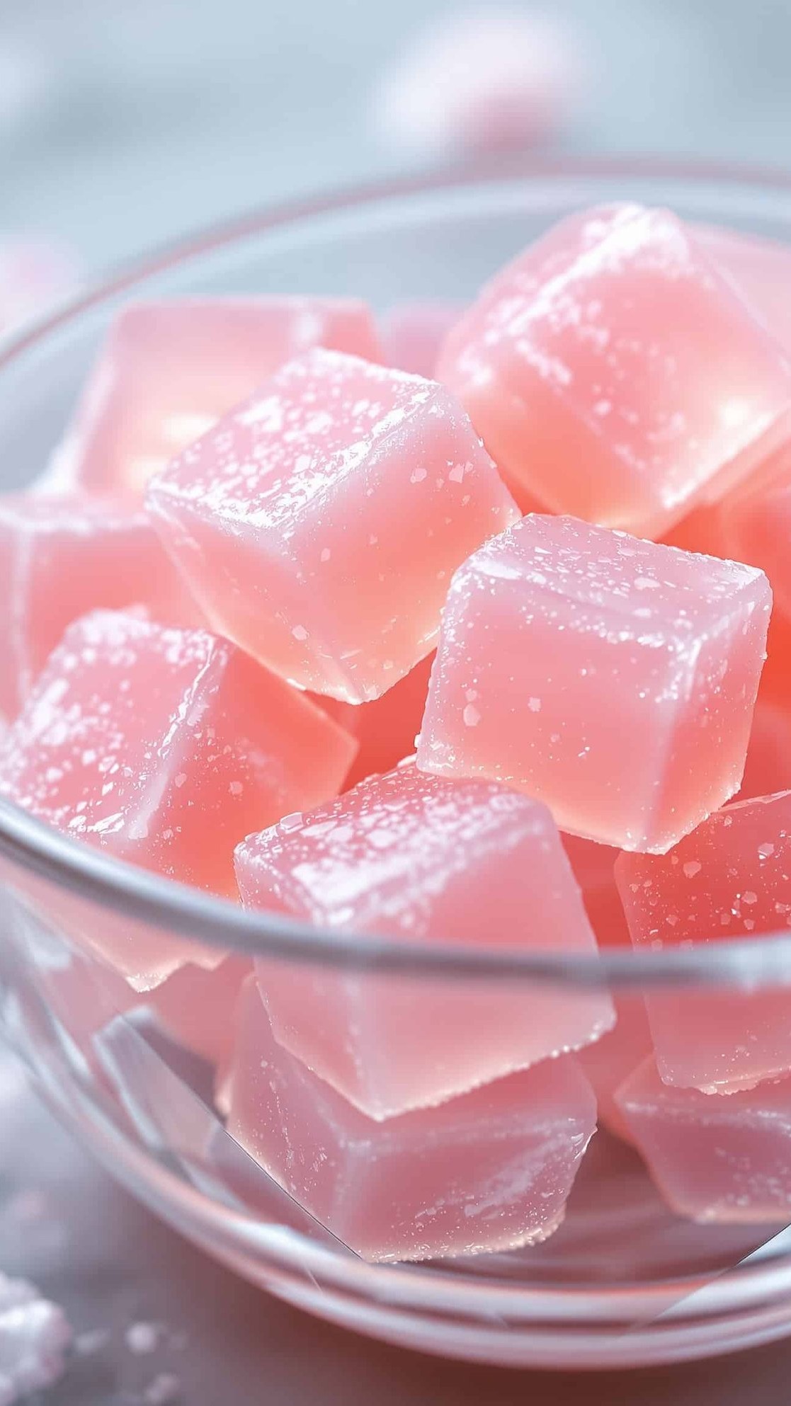Close-up of jiggly blanc-rose whey scoop gelatin cubes.