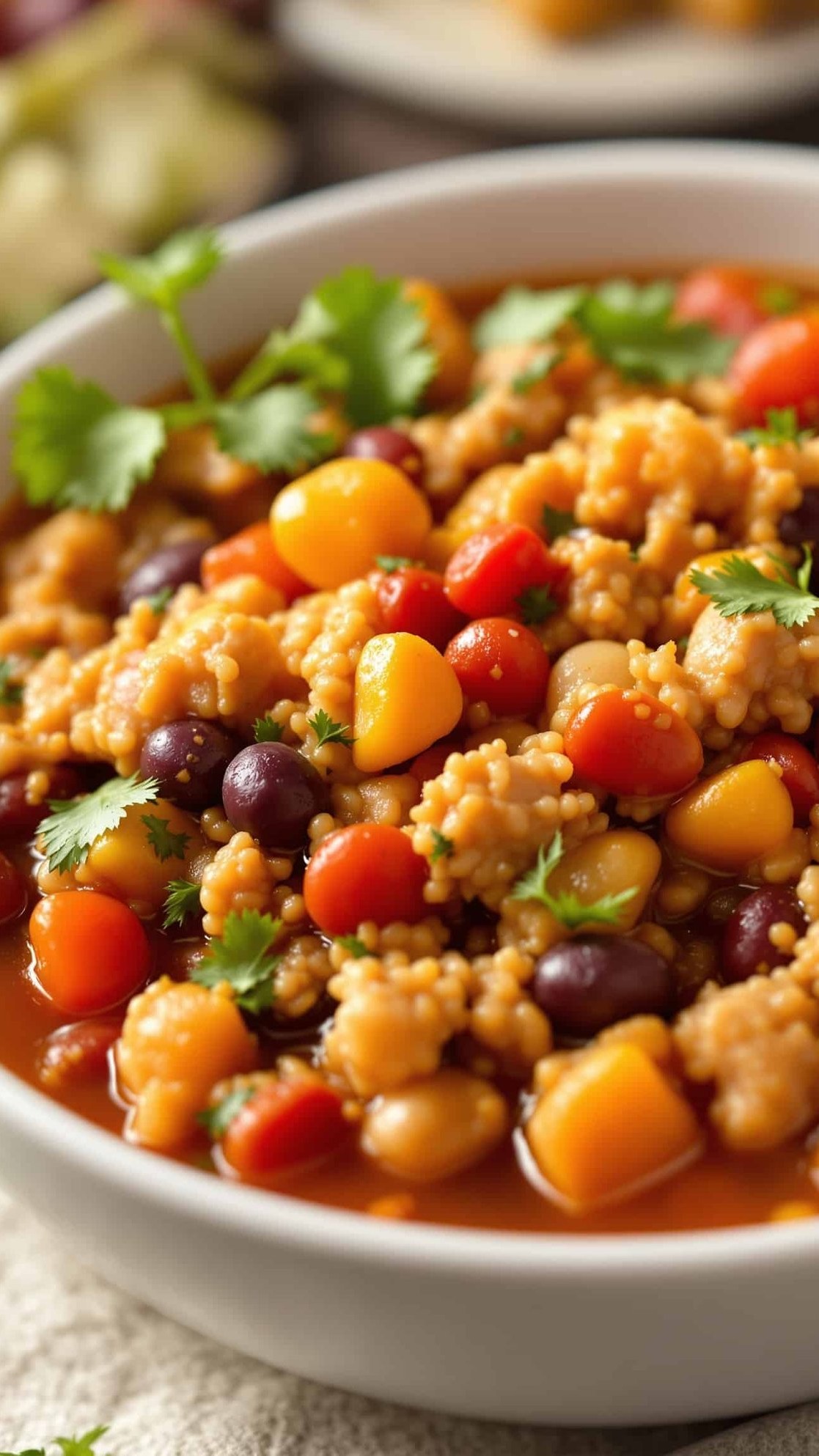 Close-up of multicolore GLP-1 friendly ground turkey and bean stew.
