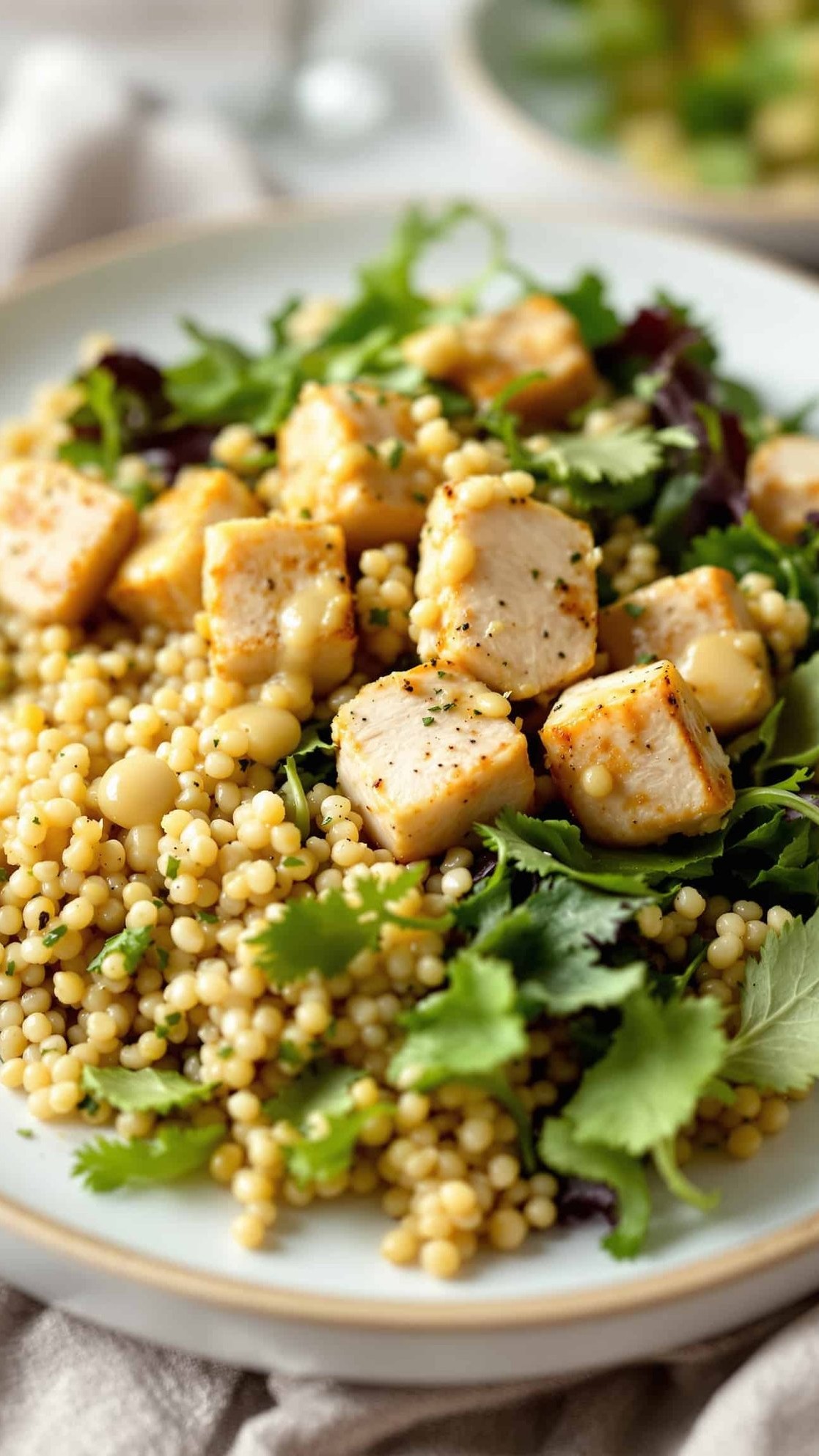 Close-up of beige-doré GLP1 friendly meal recipe, high protein quinoa bowl.