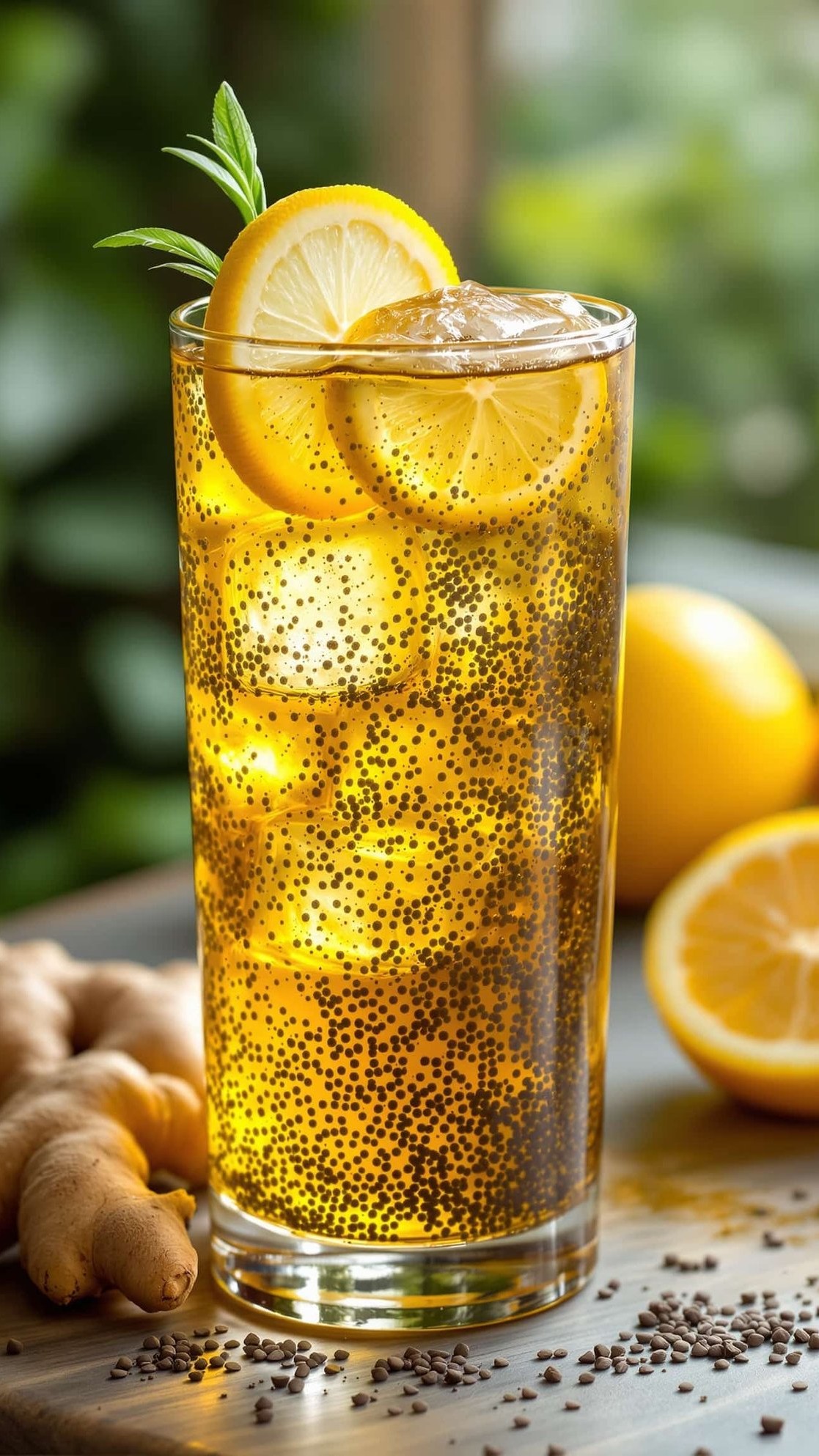 Close-up of vert-ambre chia lemon ginger drink with ice, for weight loss.