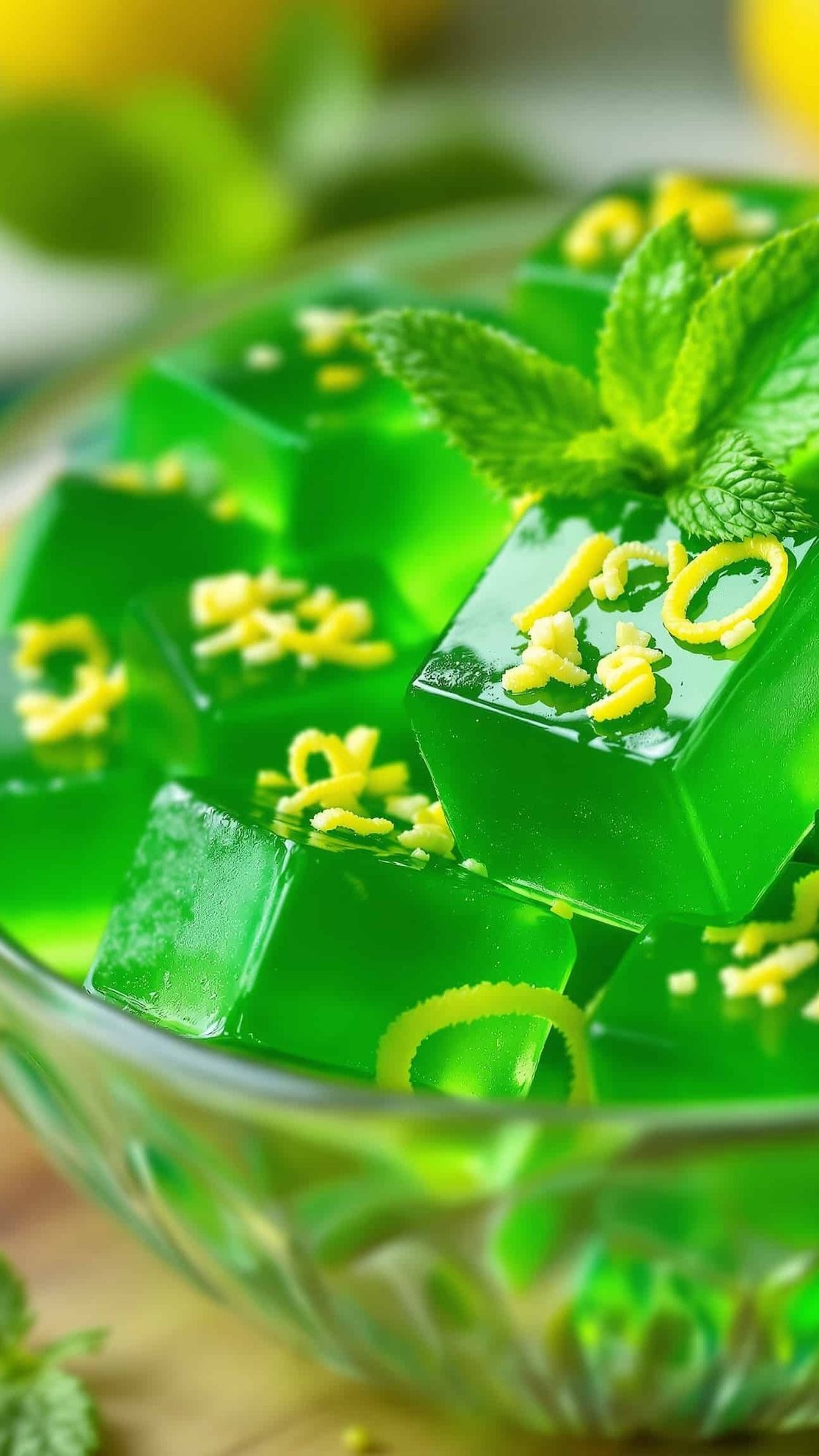 Close-up of jiggly green tea gelatin cubes with lemon and mint.