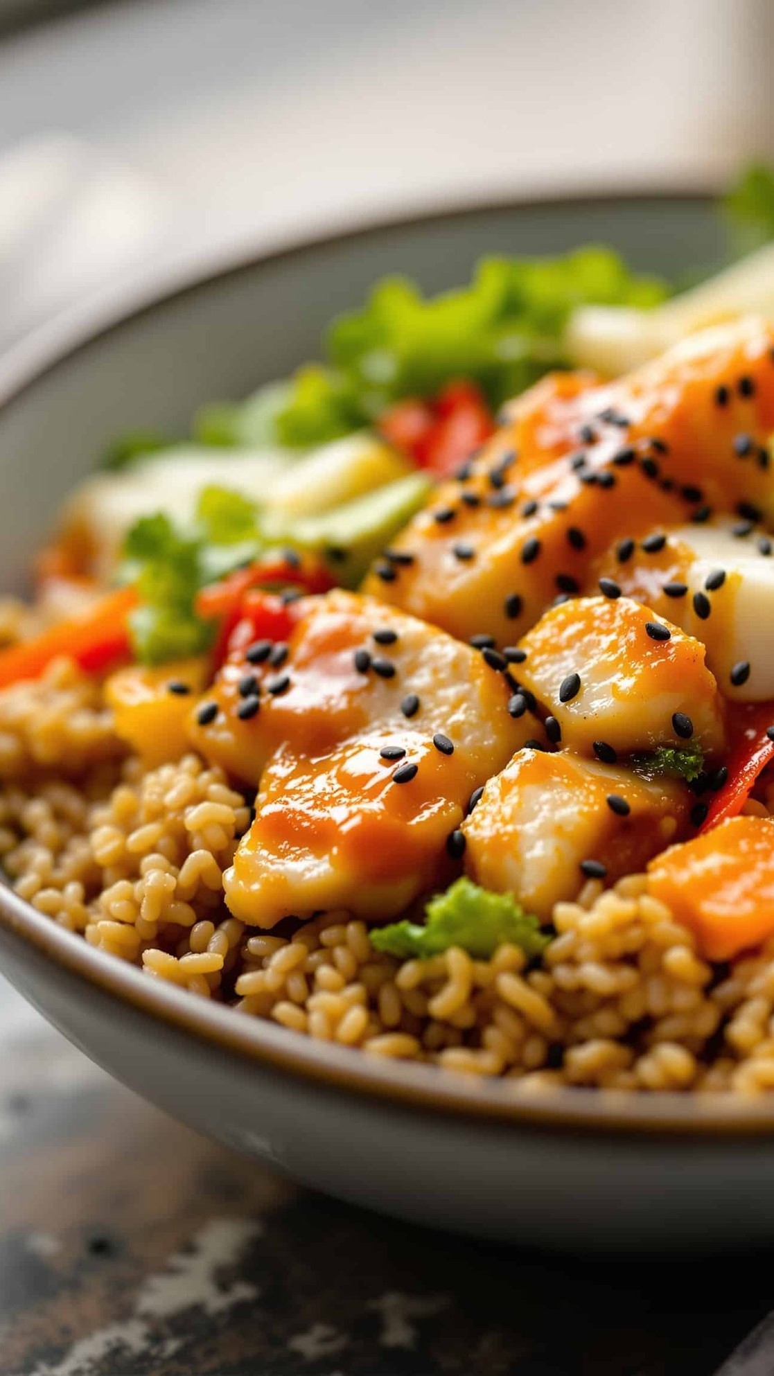 Close-up of a balanced Hara Hachi Bu meal with petite-colored dressing.