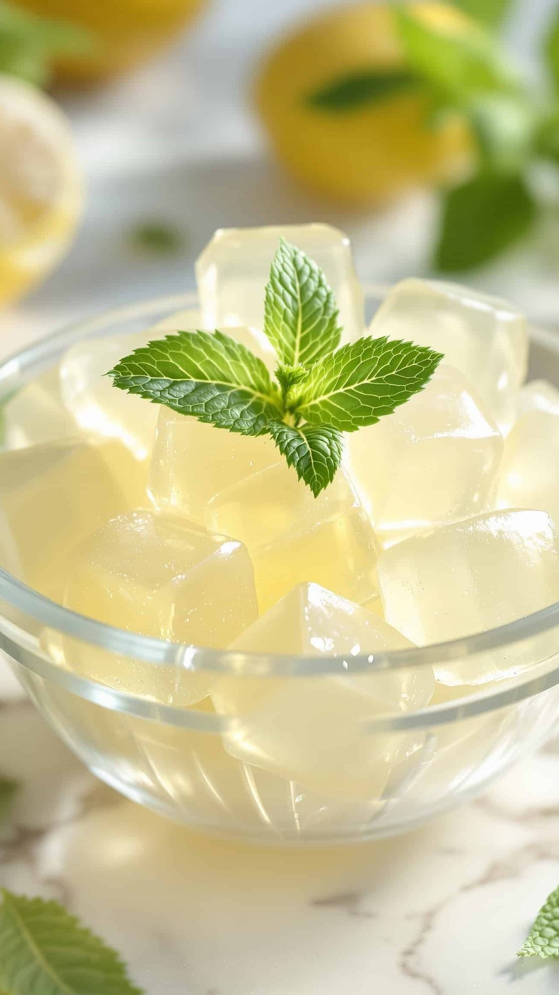 Close-up of translucent lemon gelatin ice cubes with mint, healthy snack.